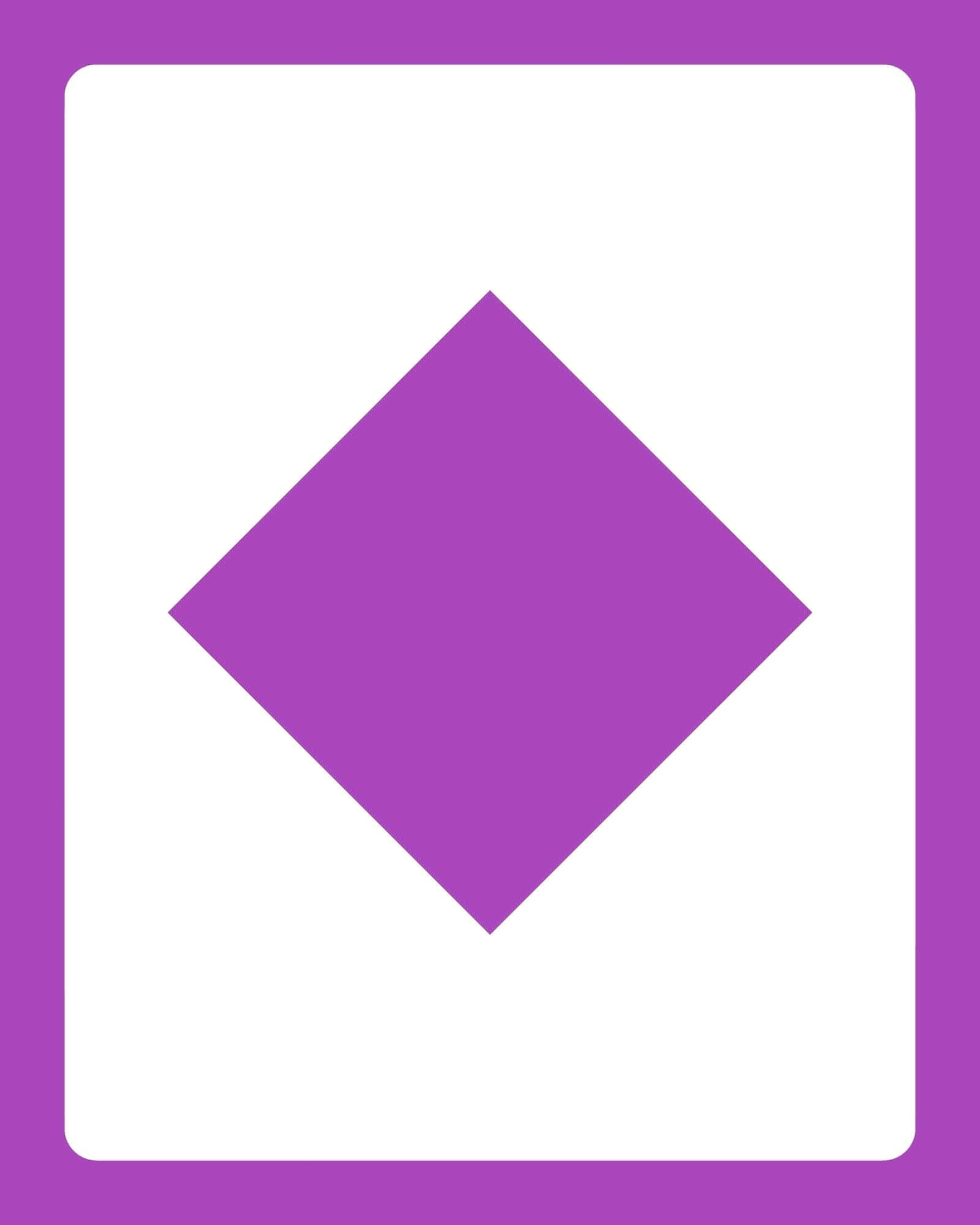White rectangular card with rounded corners centered on magenta background, featuring a large rotated magenta diamond filling the center.