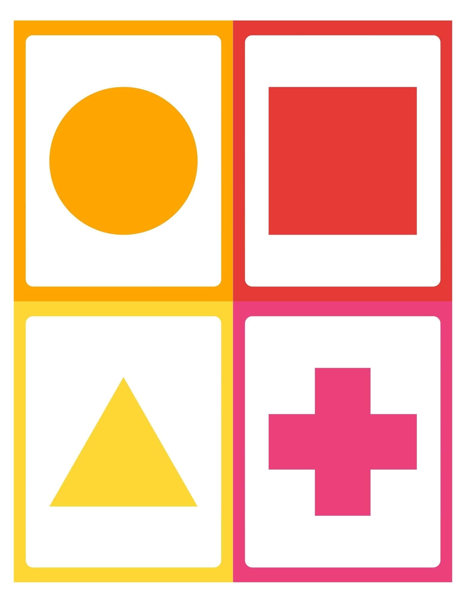 Four colorful rectangular cards arranged in a 2x2 grid showing large centered shapes: orange circle, red square, yellow triangle, pink plus sign.