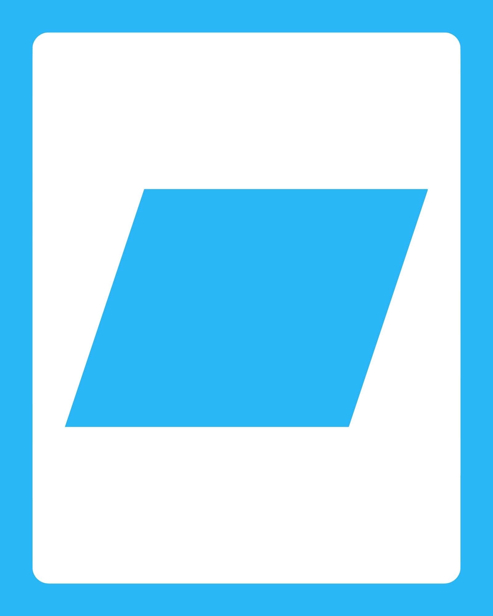White rectangular card with rounded corners centered on cyan background and a large tilted cyan trapezoid near the top center.