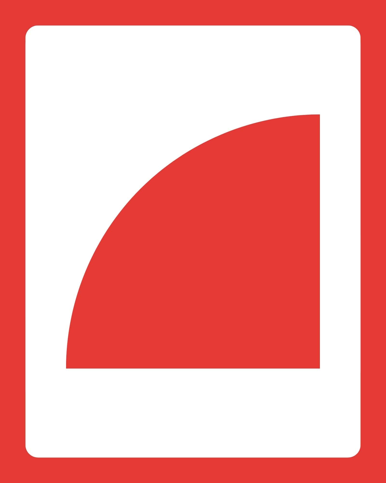 Bold red geometric design with a large white rounded-rectangle frame and a quarter-circle red shape in the top-right quadrant.
