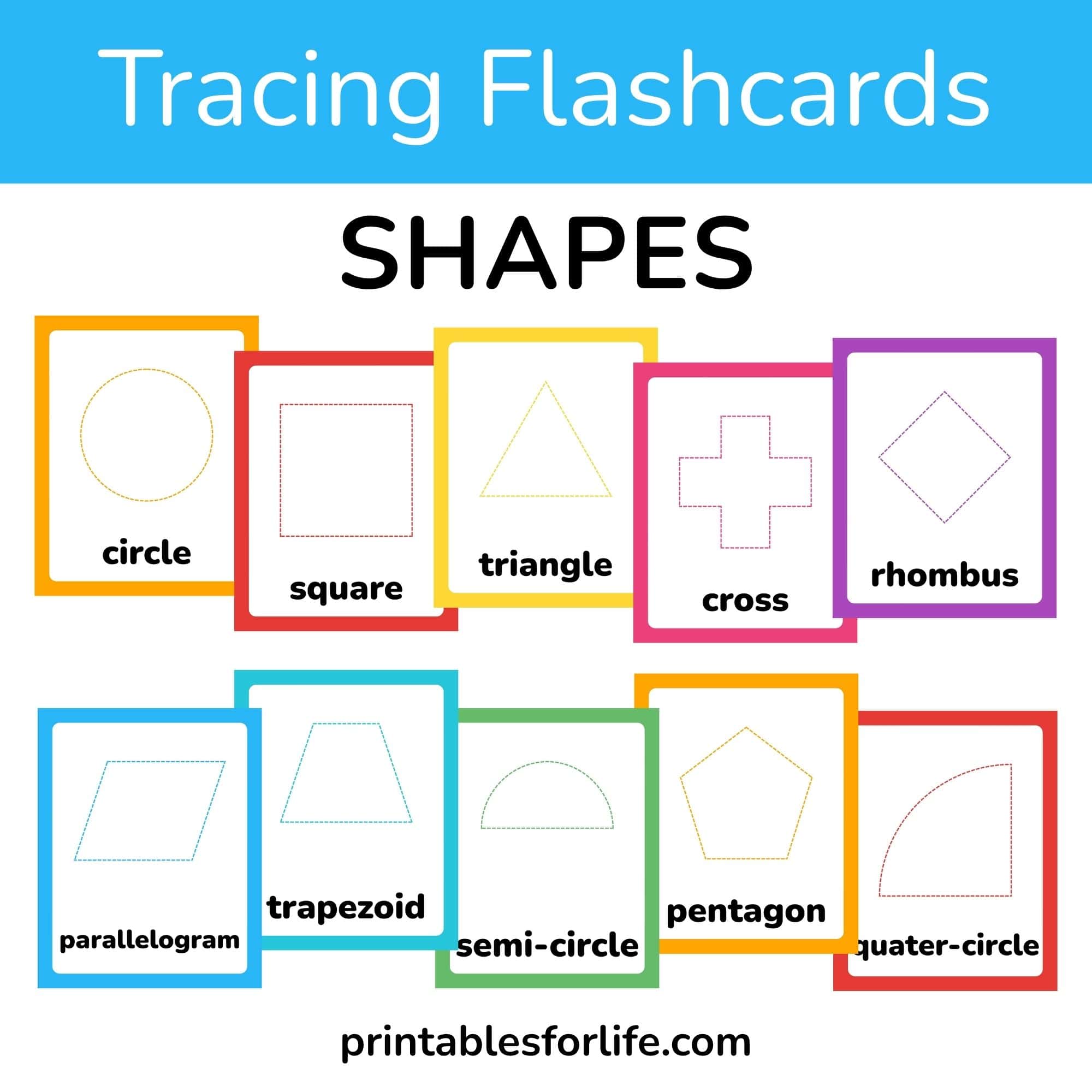 Colorful educational flashcards titled 'Tracing Flashcards SHAPES' showing dotted shape outlines and labels like circle, square, triangle.