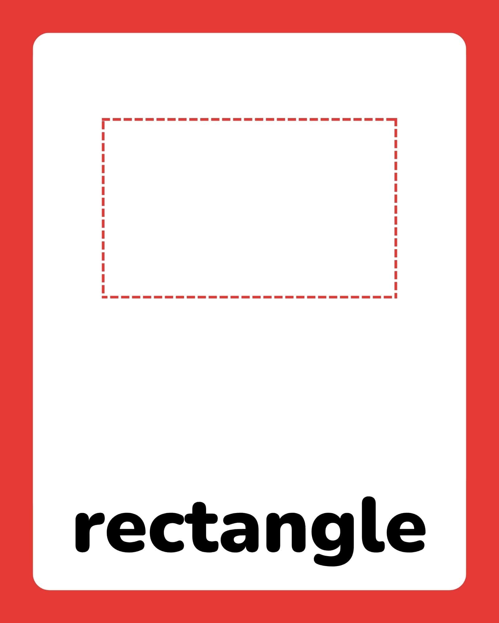 Large white card with rounded corners on a red background showing a dashed red rectangle near the top and bold black text 'rectangle' at the bottom.