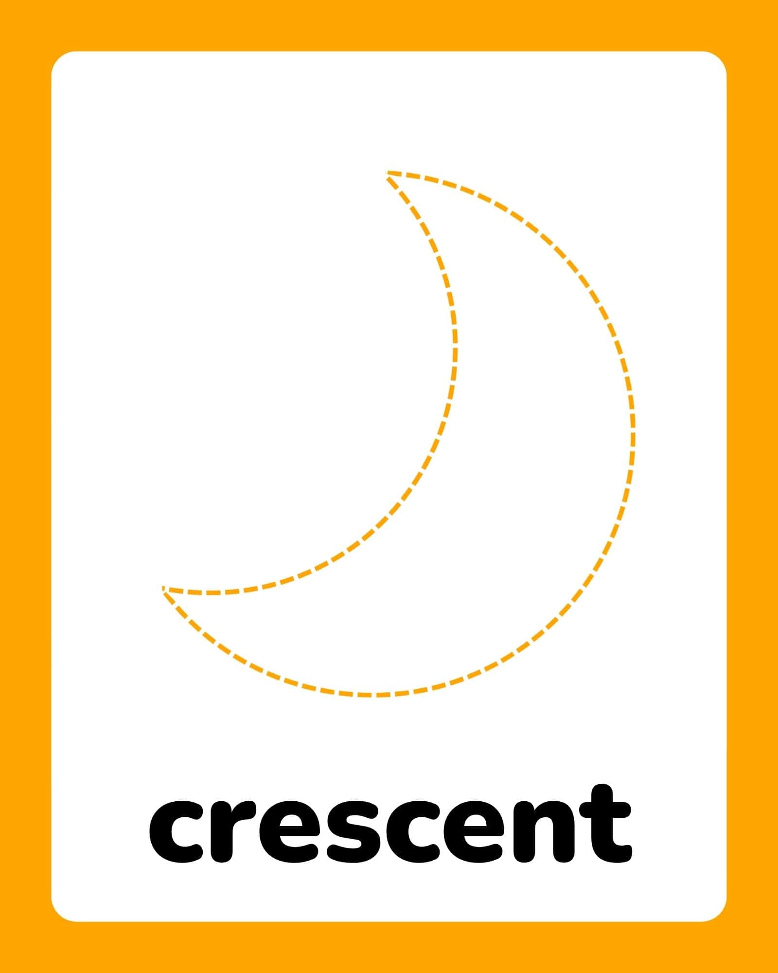 White flashcard with rounded corners on an orange background showing dashed orange crescent outlines and bold black word 'crescent' centered at bottom.