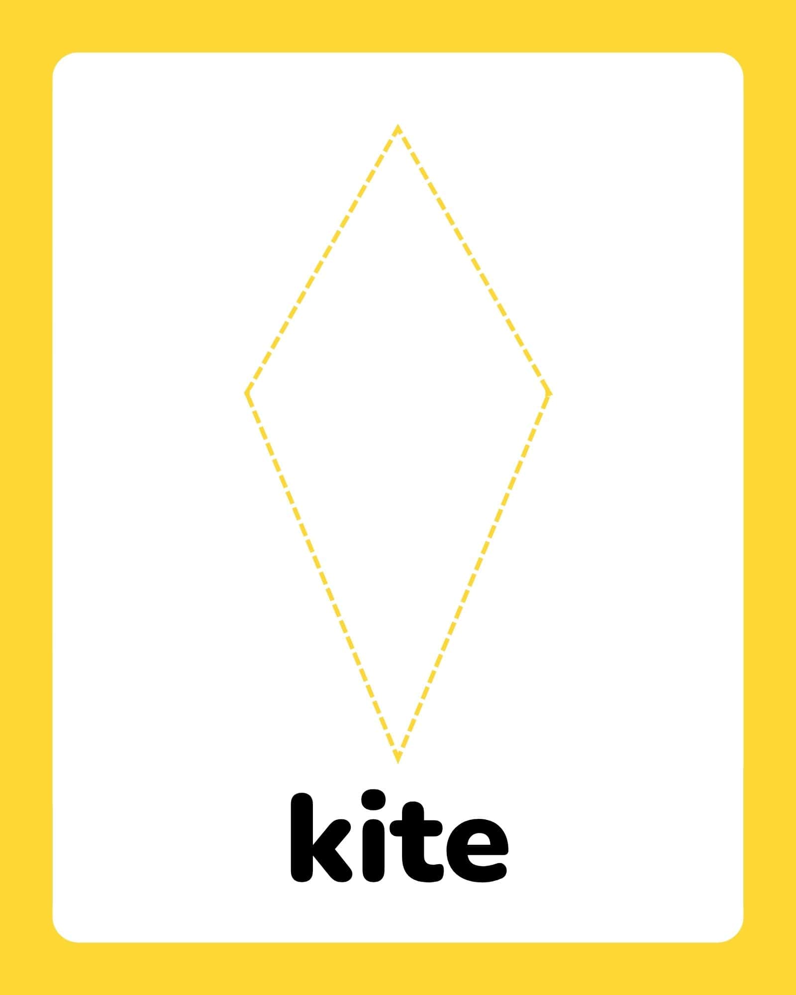 White flashcard with a dashed yellow kite diamond outline centered above the bold black word “kite,” set on a yellow border.