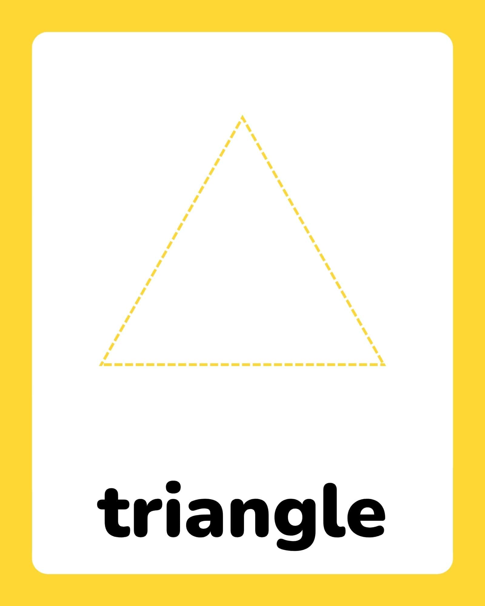 Dashed yellow equilateral triangle centered on a white card with thick yellow rounded border and the word “triangle” below.