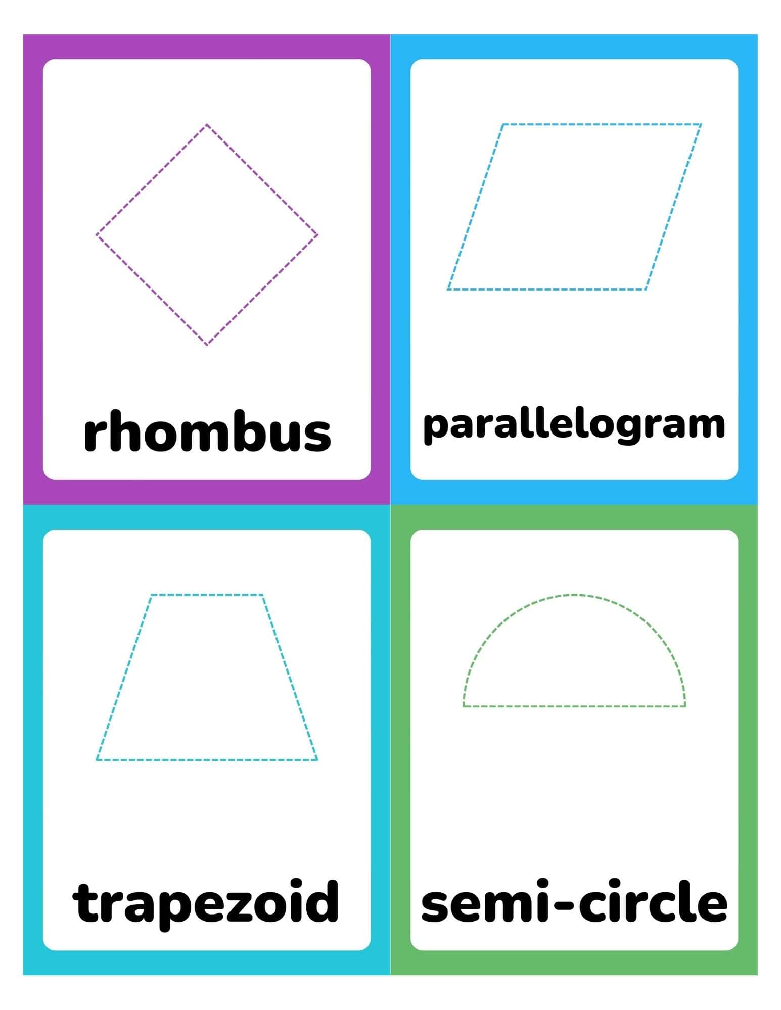 Four colorful educational flashcards showing dashed outlines of geometric shapes labeled rhombus, parallelogram, trapezoid, and semi-circle.