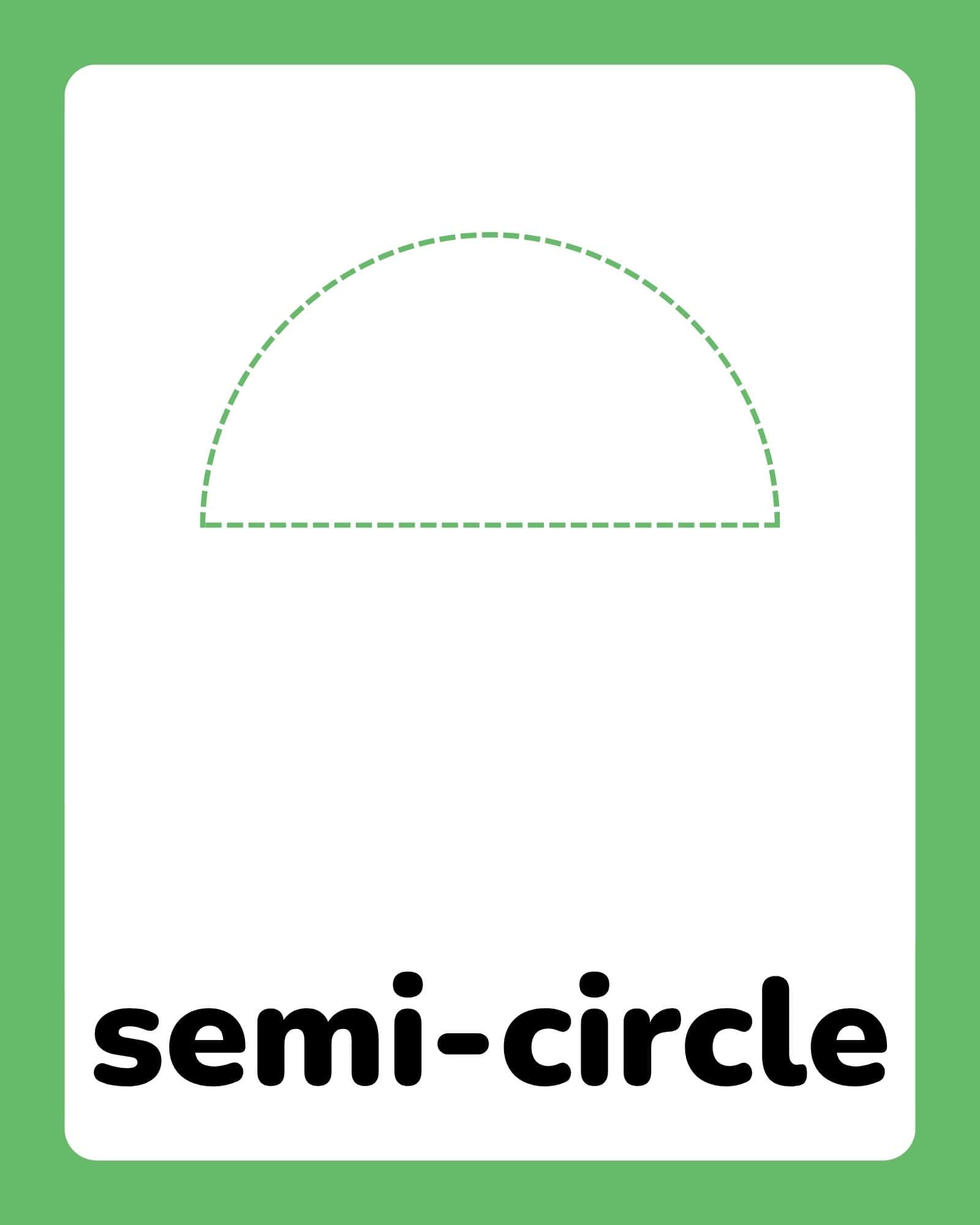 Dashed green semicircle centered on a white card with rounded corners set against a green border, large text below.
