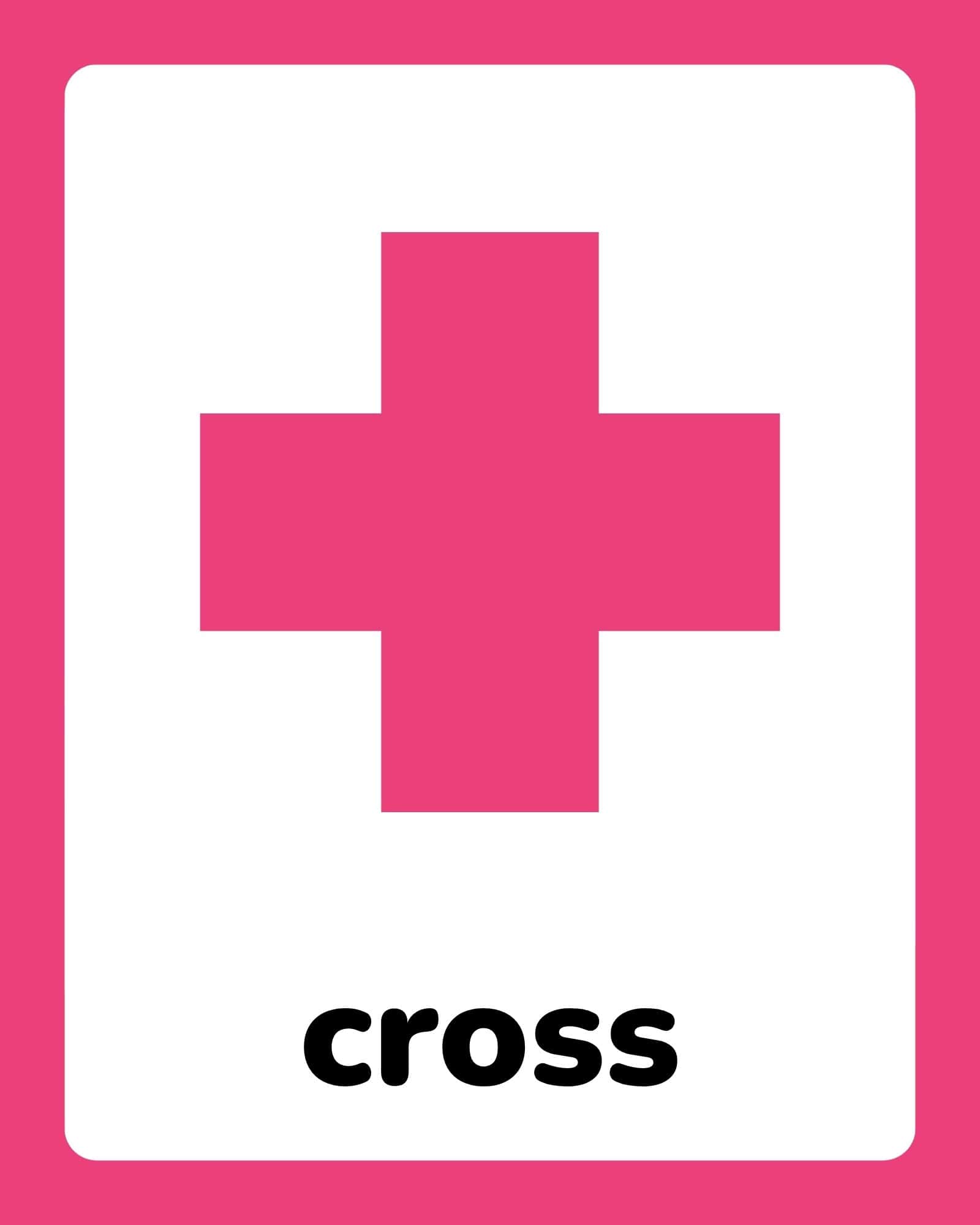 White card with rounded corners showing a large pink medical-style cross centered above the word “cross” in bold black lowercase letters.
