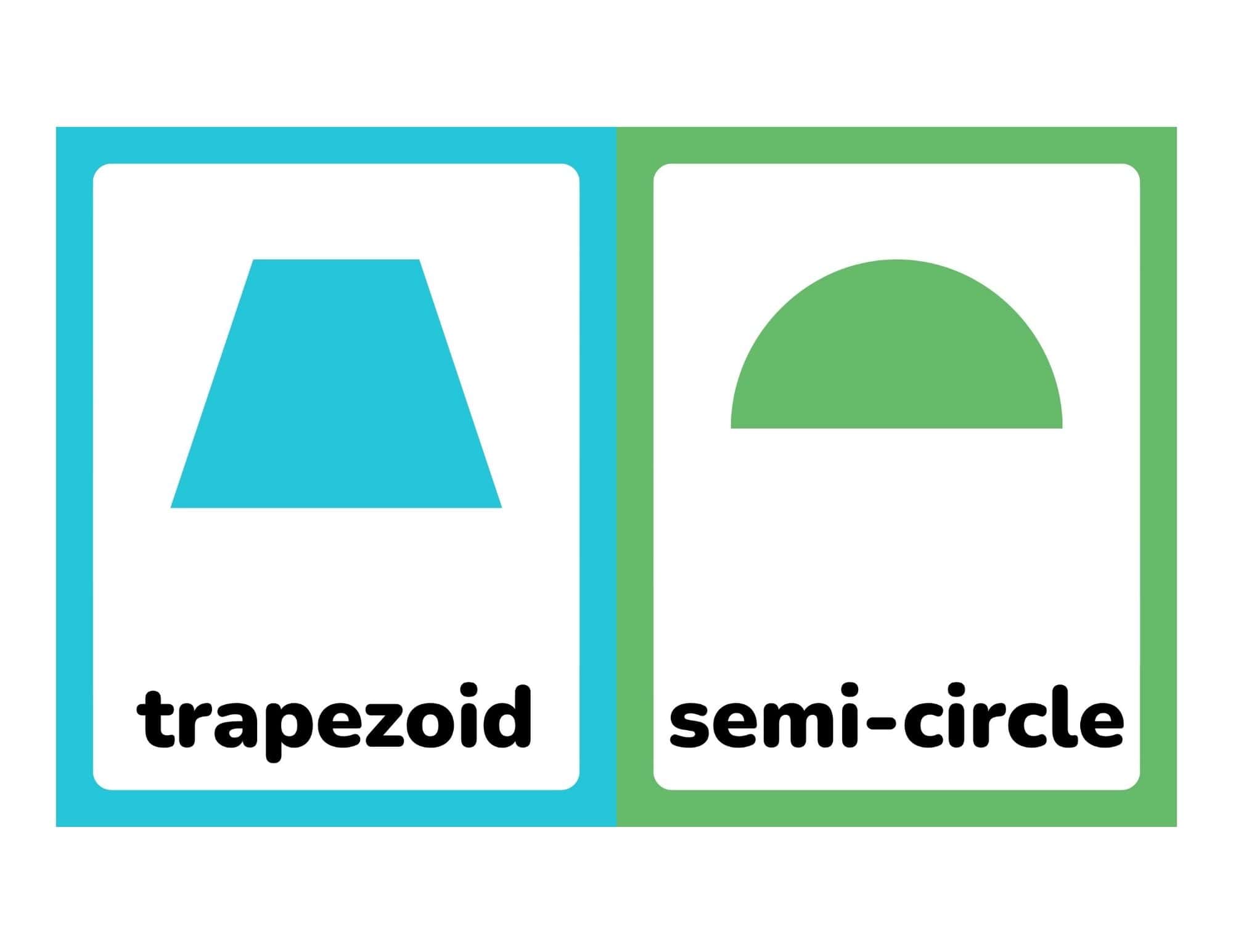 Two colorful educational flashcards side by side showing a cyan trapezoid on the left and a green semi-circle on the right with labels.