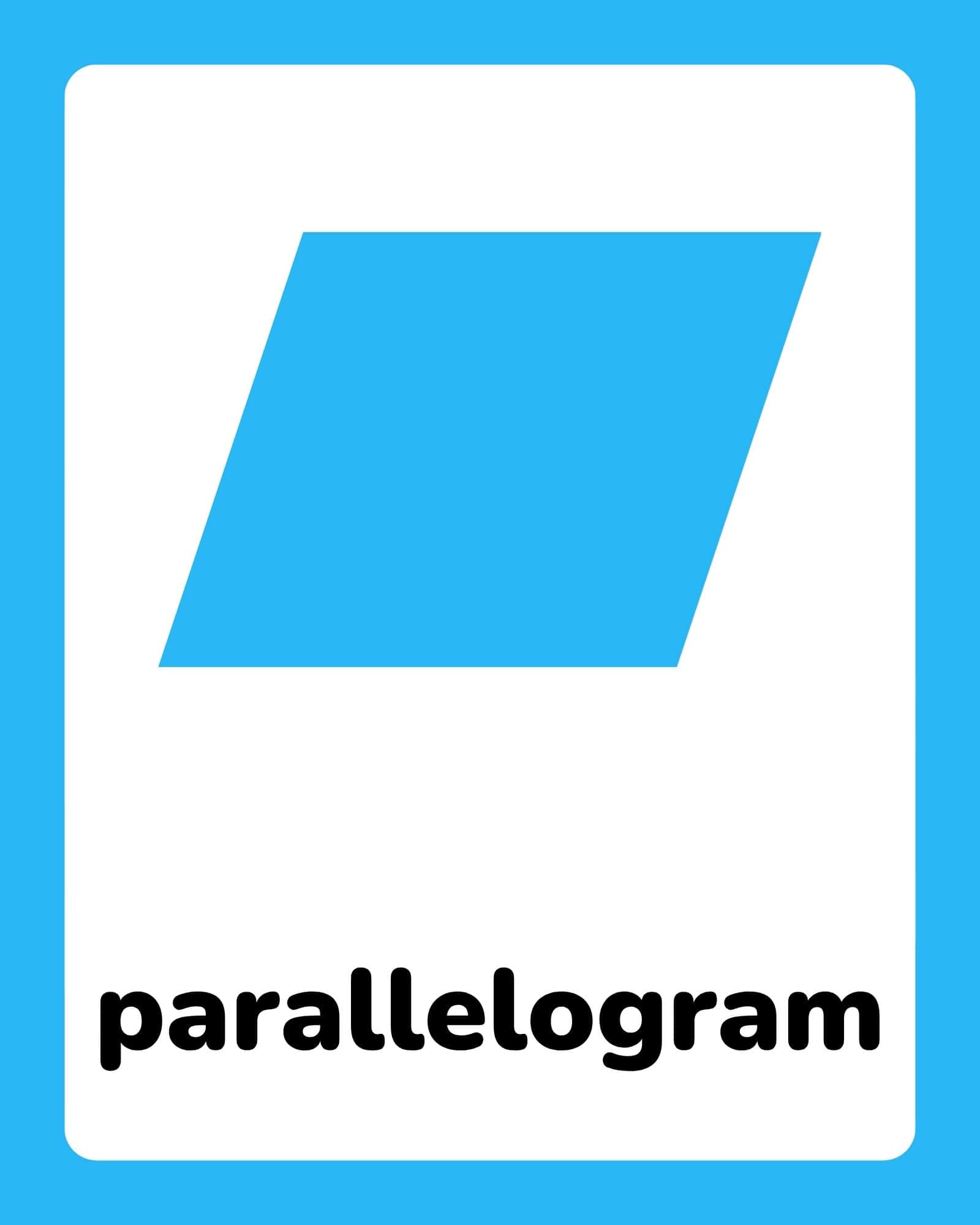 A large blue parallelogram centered on a white rounded-rectangle card with thick cyan border and the word 'parallelogram' at bottom.