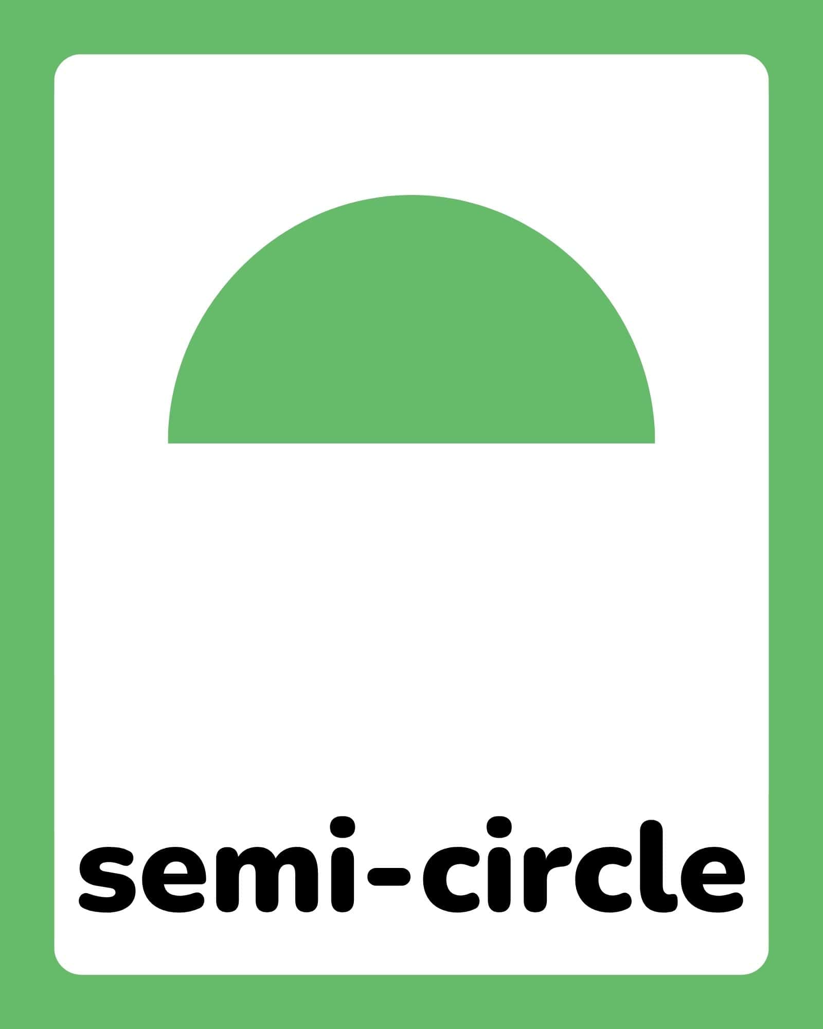 Large green semicircle centered on a white card with rounded corners and bold black text reading 'semi-circle' at the bottom.