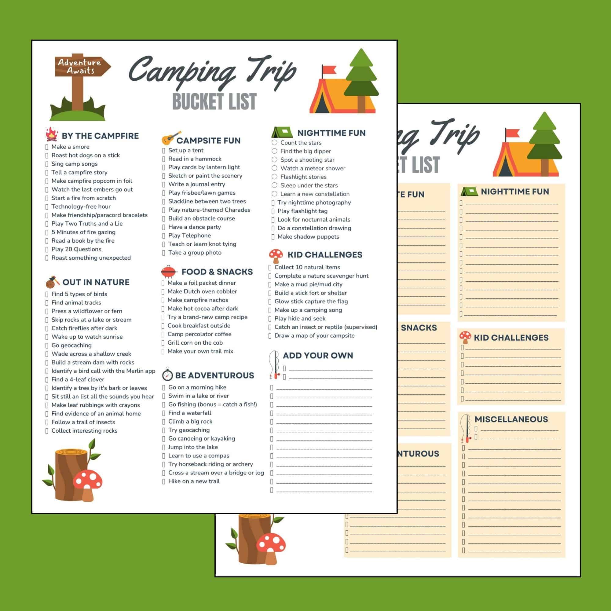 Two-page camping trip bucket list with checklist columns, icons, and decorative tent and mushroom illustrations on green background.