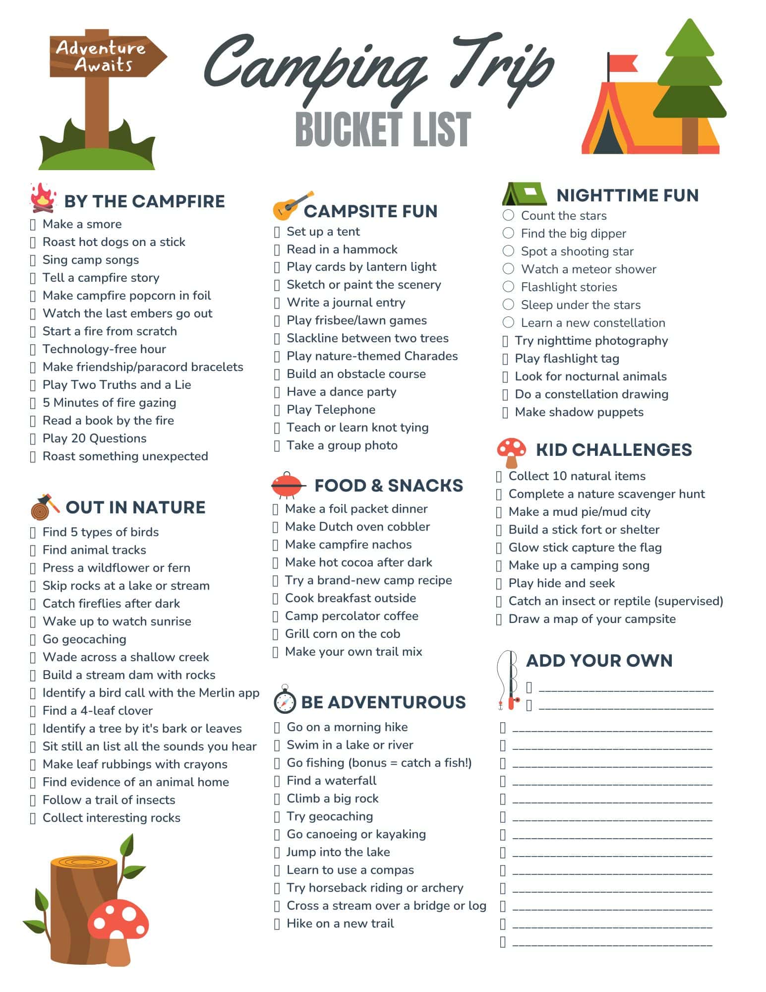 Colorful camping trip bucket list poster with checklist columns for campfire, nature, campsite, food, nighttime, kids and an add-your-own section.