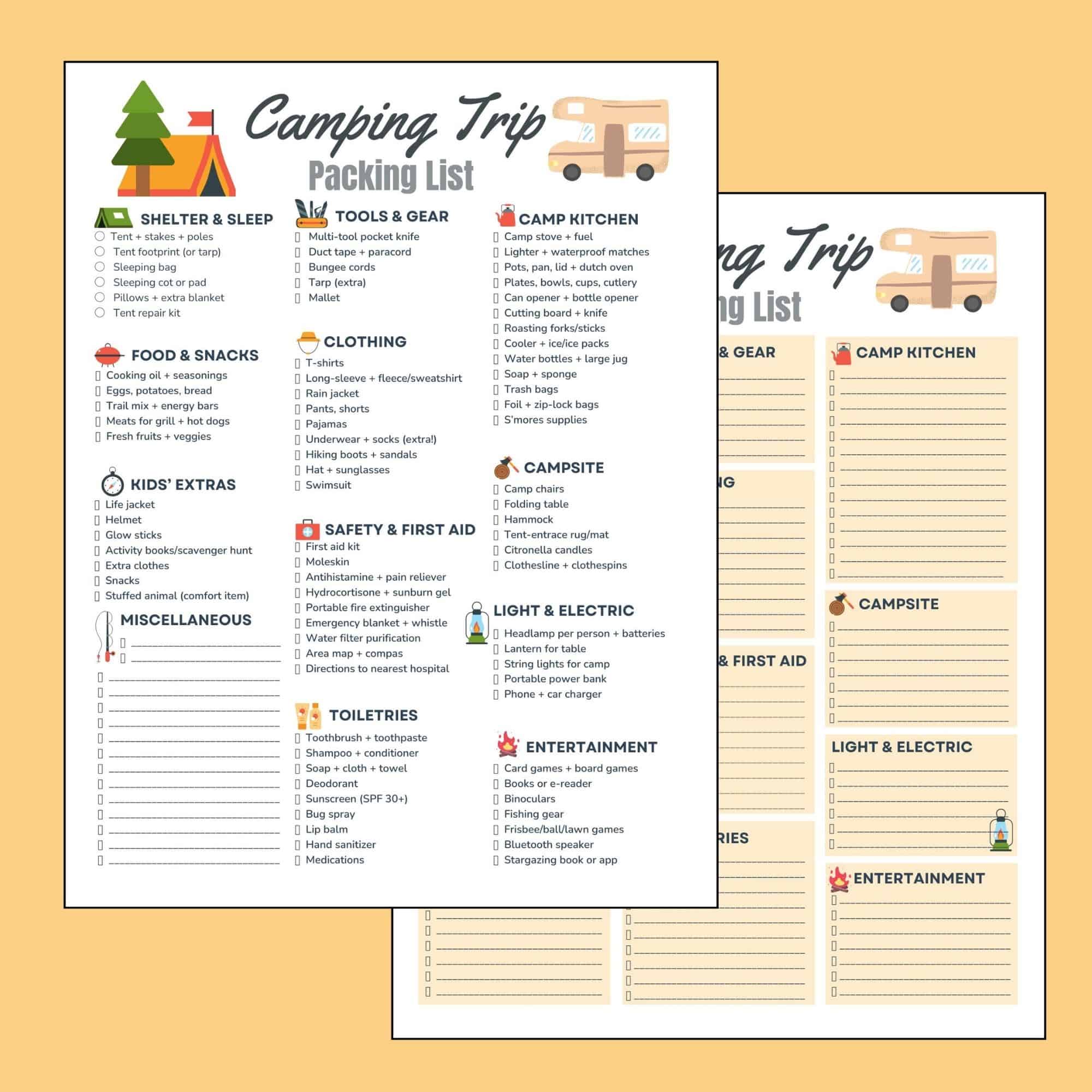 Two-page camping trip packing checklist with columns of categorized checkboxes and small icons on a pale orange background.