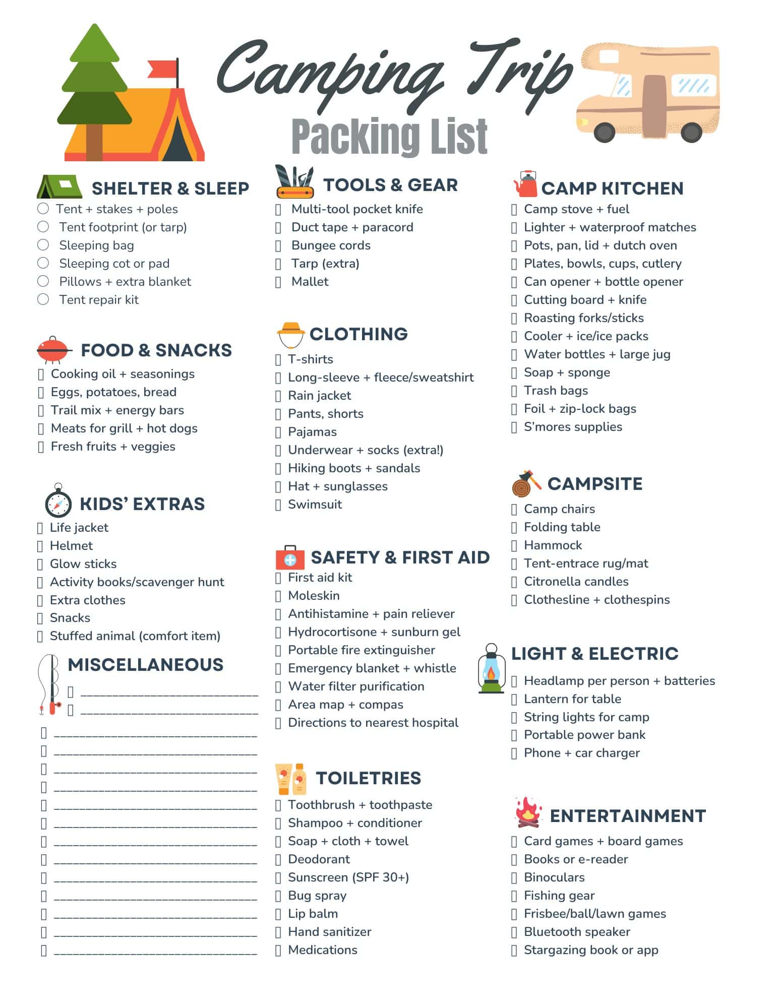 Multi-column camping trip packing checklist with icons and categories like shelter, food, clothing, first aid, and kitchen.