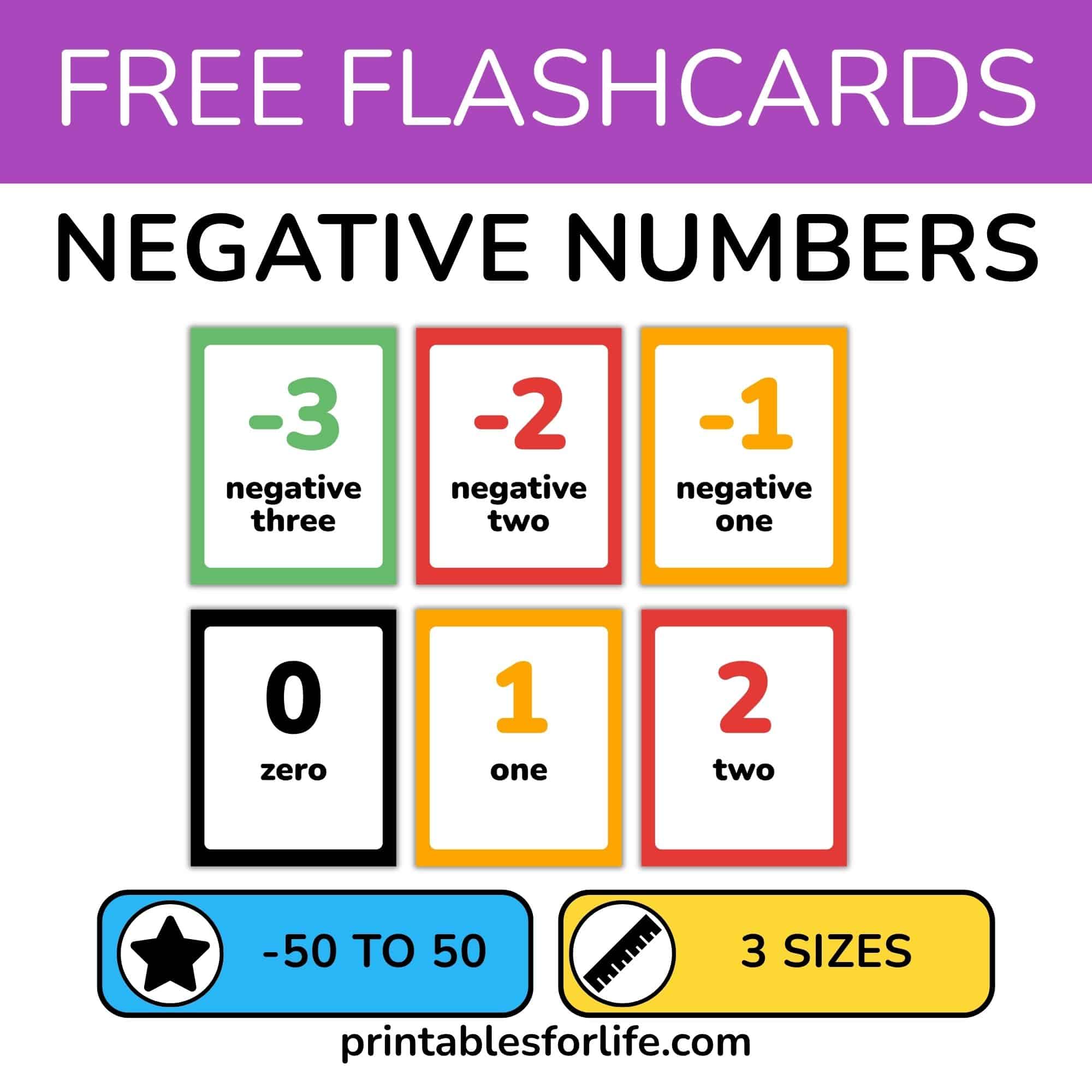 Set of negative number flashcards from -50 to 50. Available in 3 card sizes.