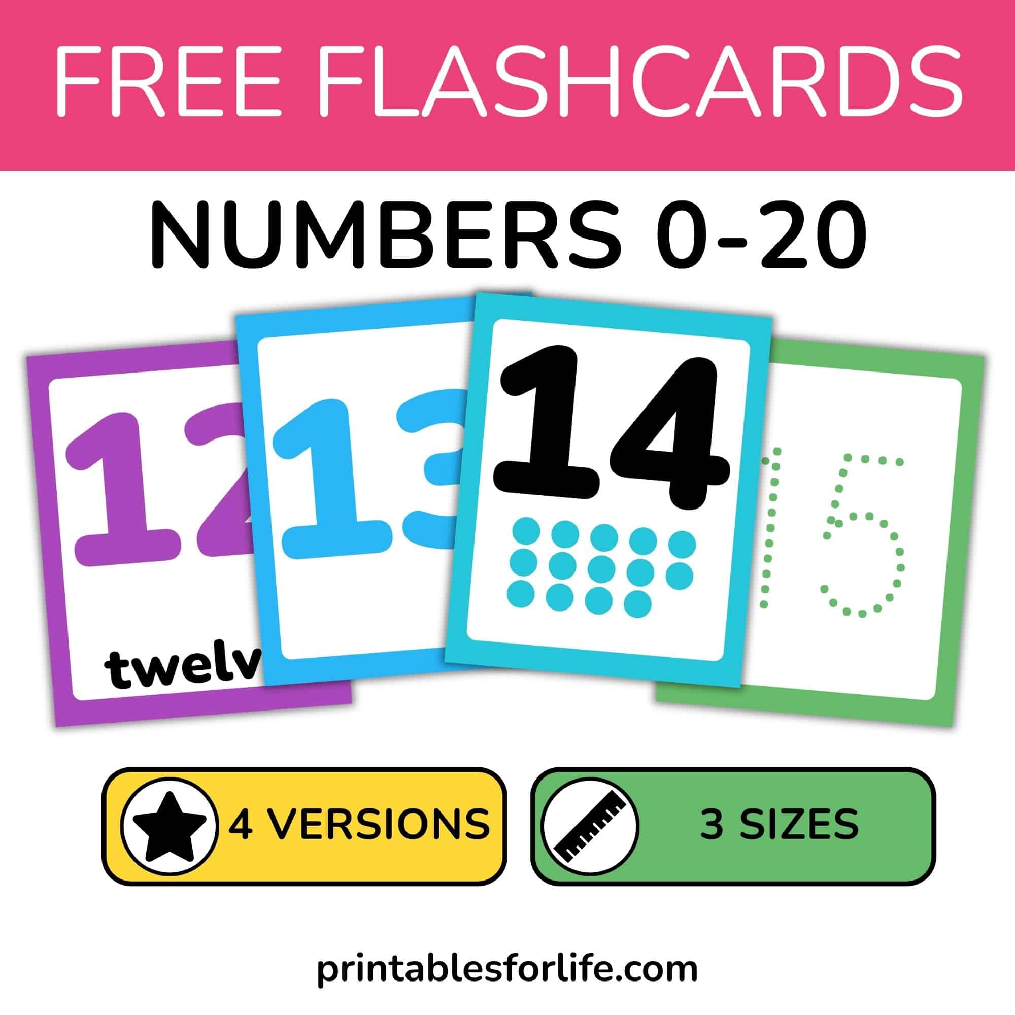 Set of numbers 0 to 20 flashcards. With words, without words, with dots, and tracing. In three sizes.