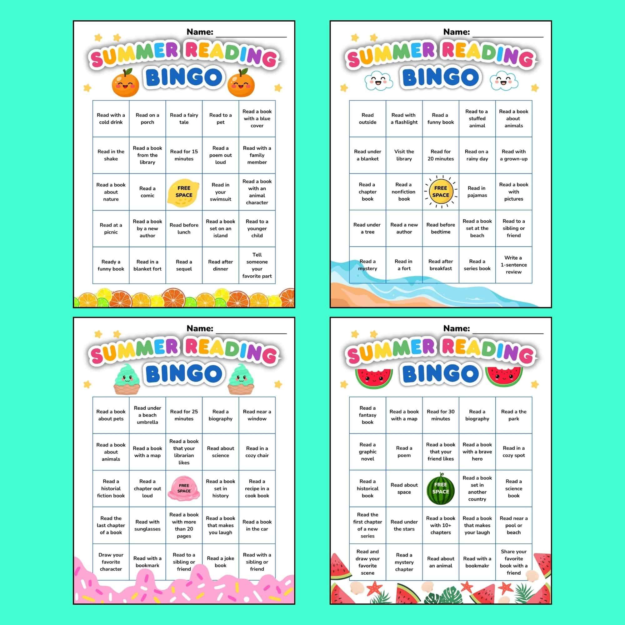 Four colorful summer-themed bingo sheets arranged in a two-by-two grid with teal background, playful headings and small activity squares.