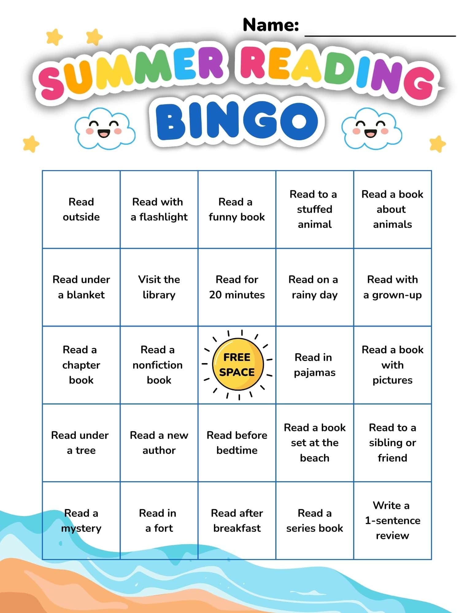 Colorful summer reading bingo sheet with a 5x5 grid, playful title, and beach-themed illustrations.