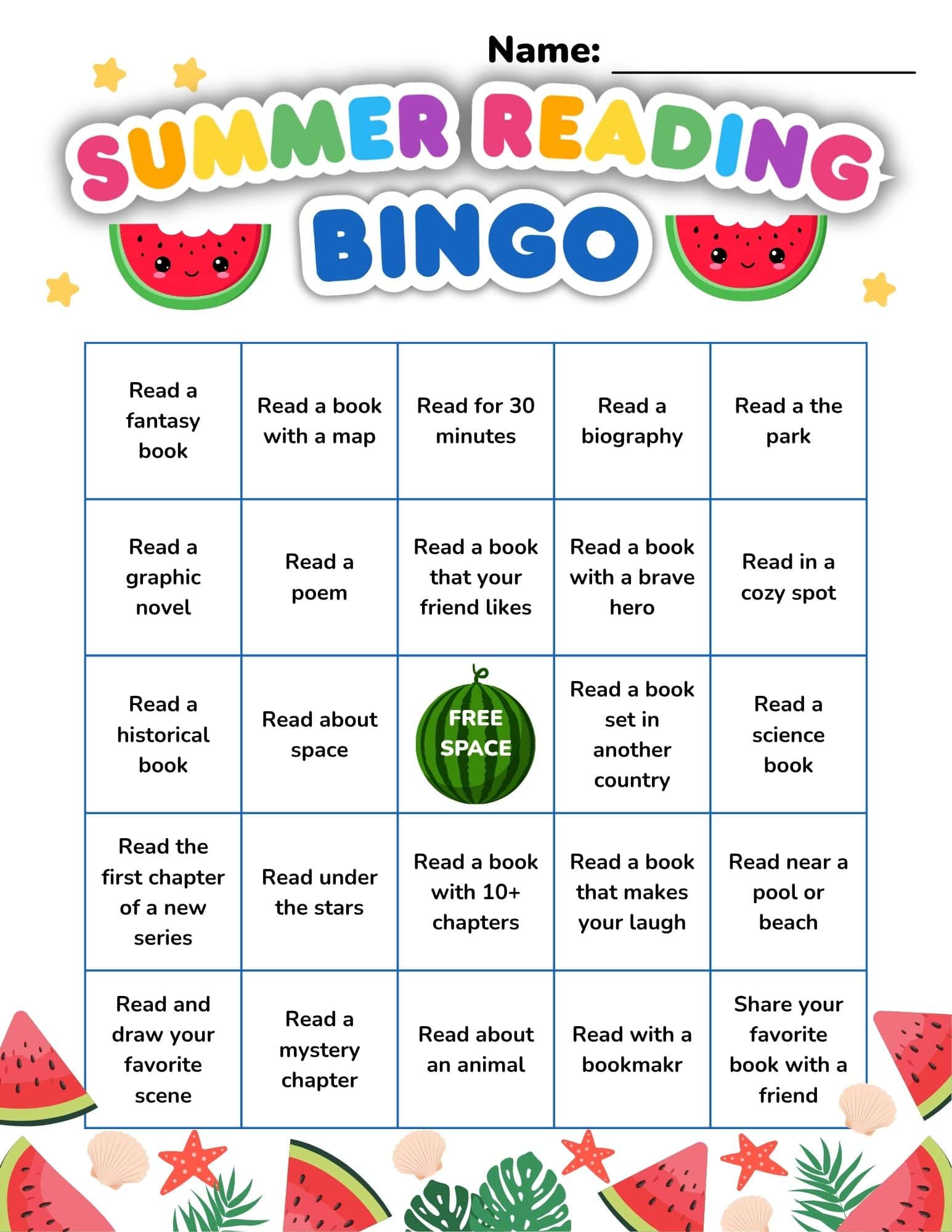 Colorful summer reading bingo sheet with a 5x5 grid, watermelon graphics, and labeled reading prompts.