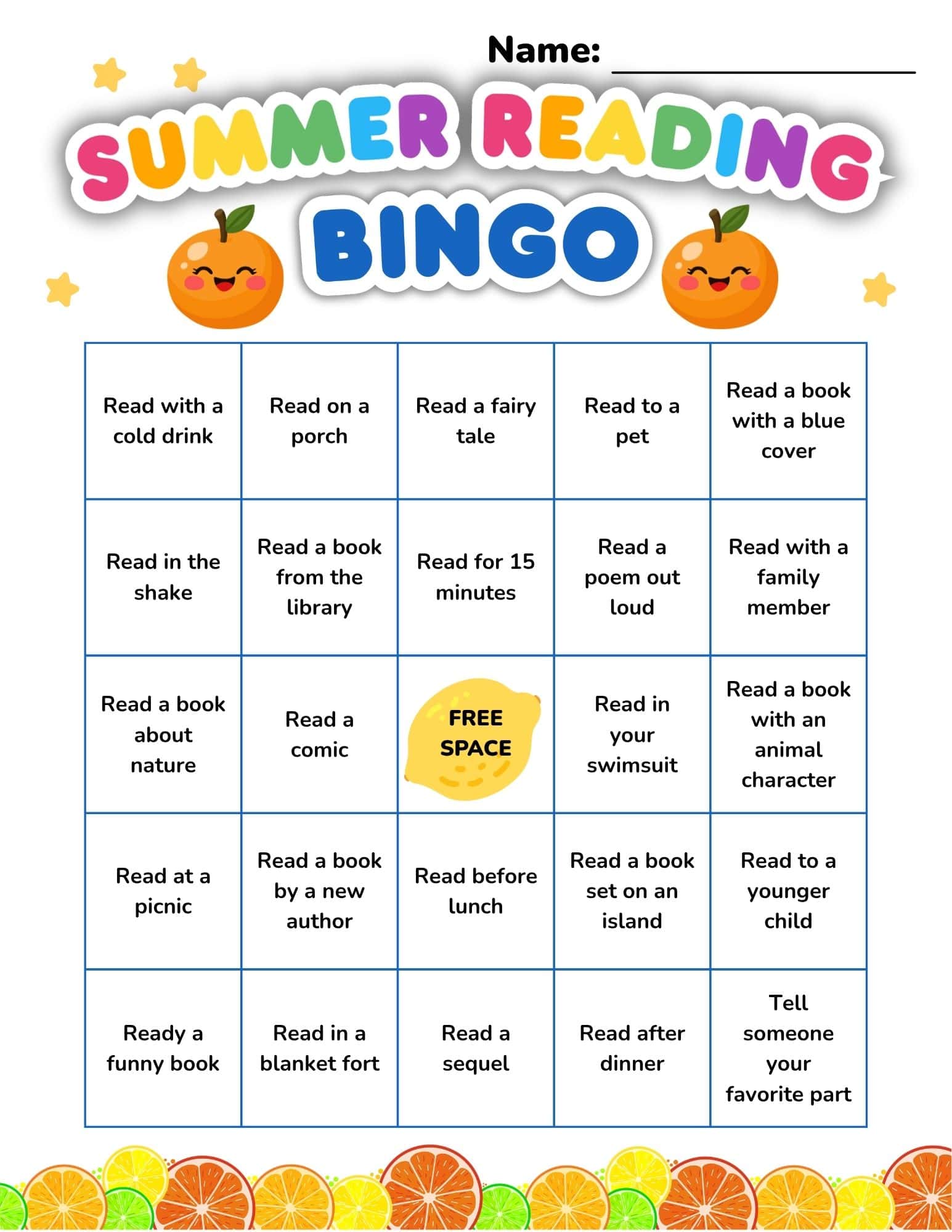 Colorful summer reading bingo sheet with a 5x5 grid, citrus decorations, and a blank name line at top.