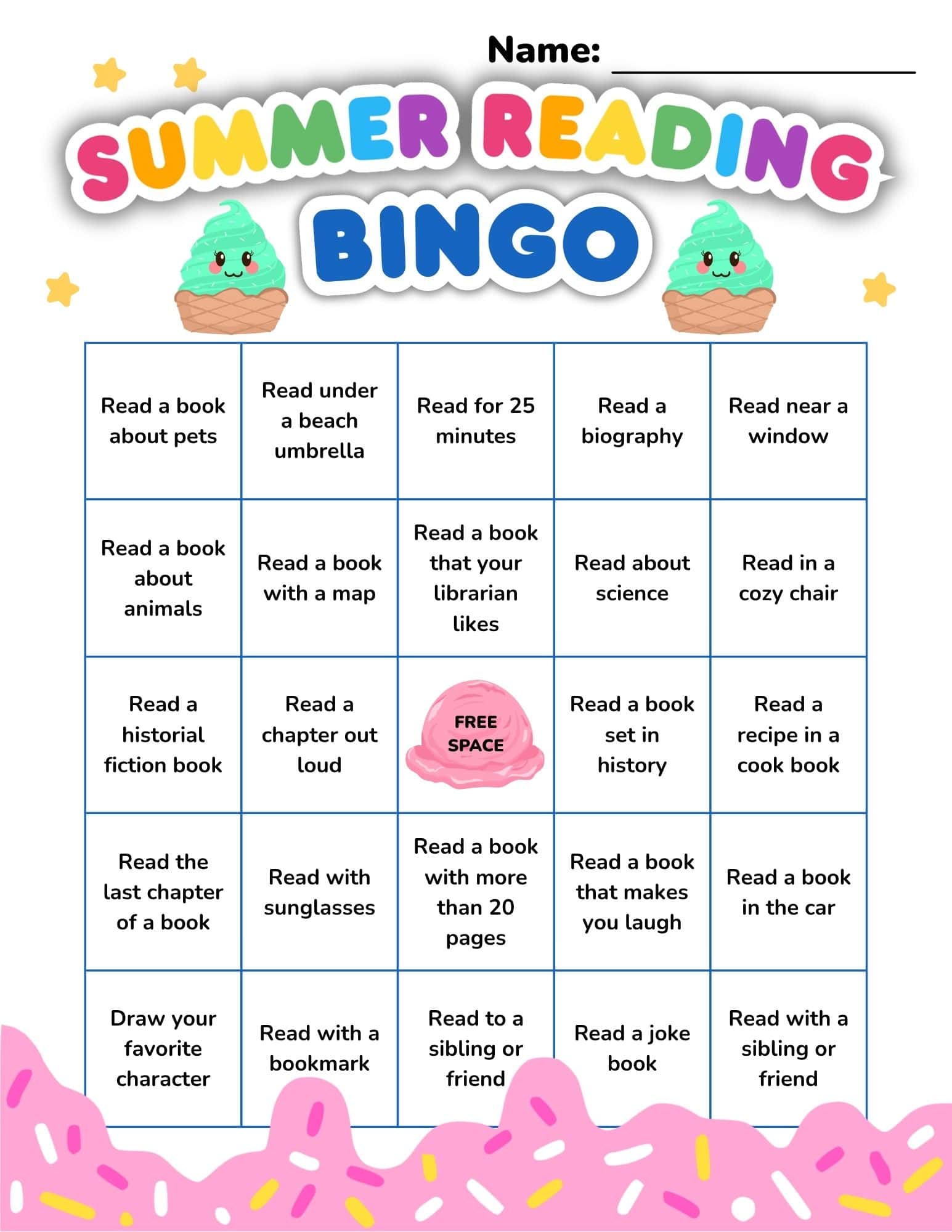 Colorful summer reading bingo sheet with a 5x5 grid of reading prompts, a free-space ice cream graphic, and name line at top.