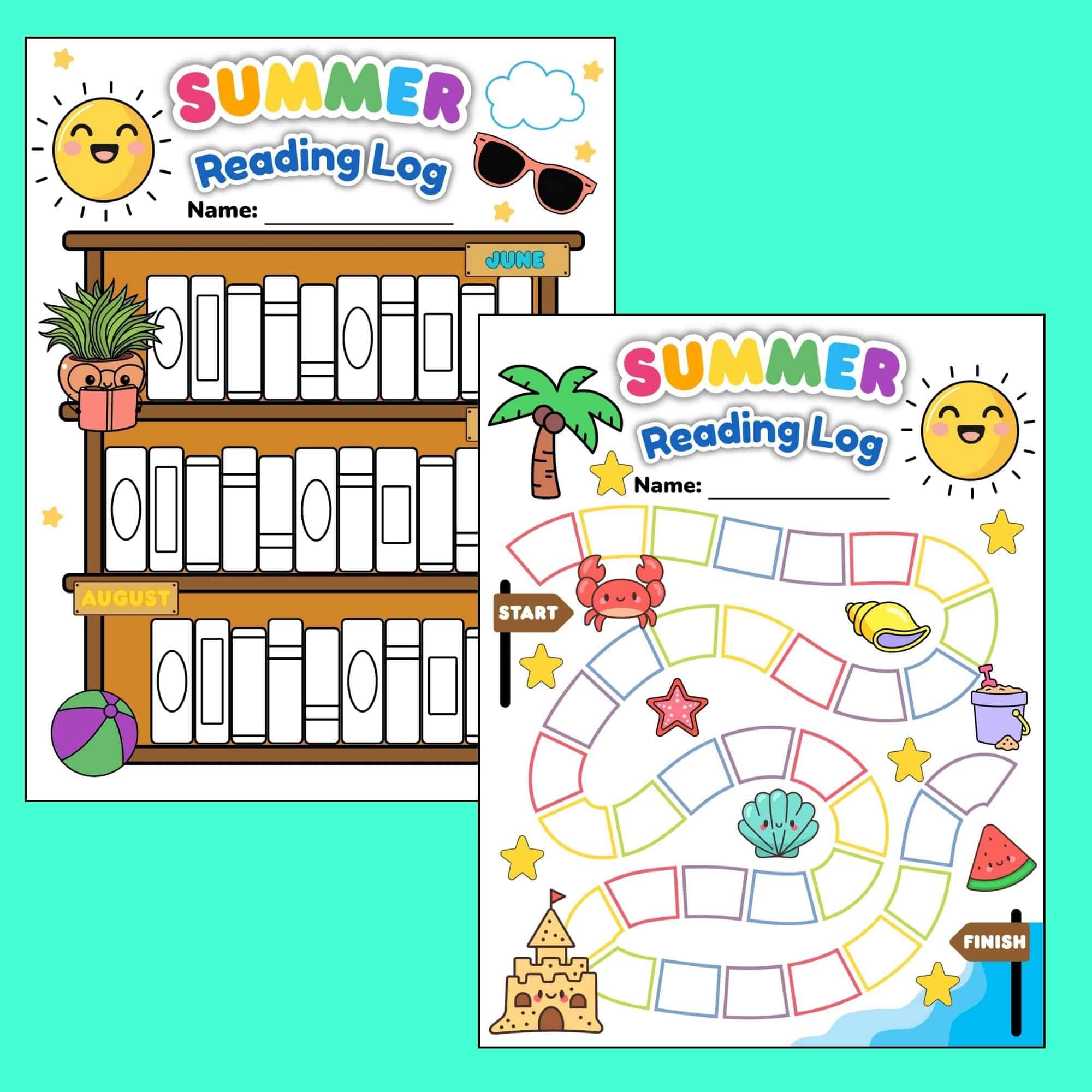 Two playful summer reading log pages with colorful bookshelf and spiral board-game track decorated with beach icons.