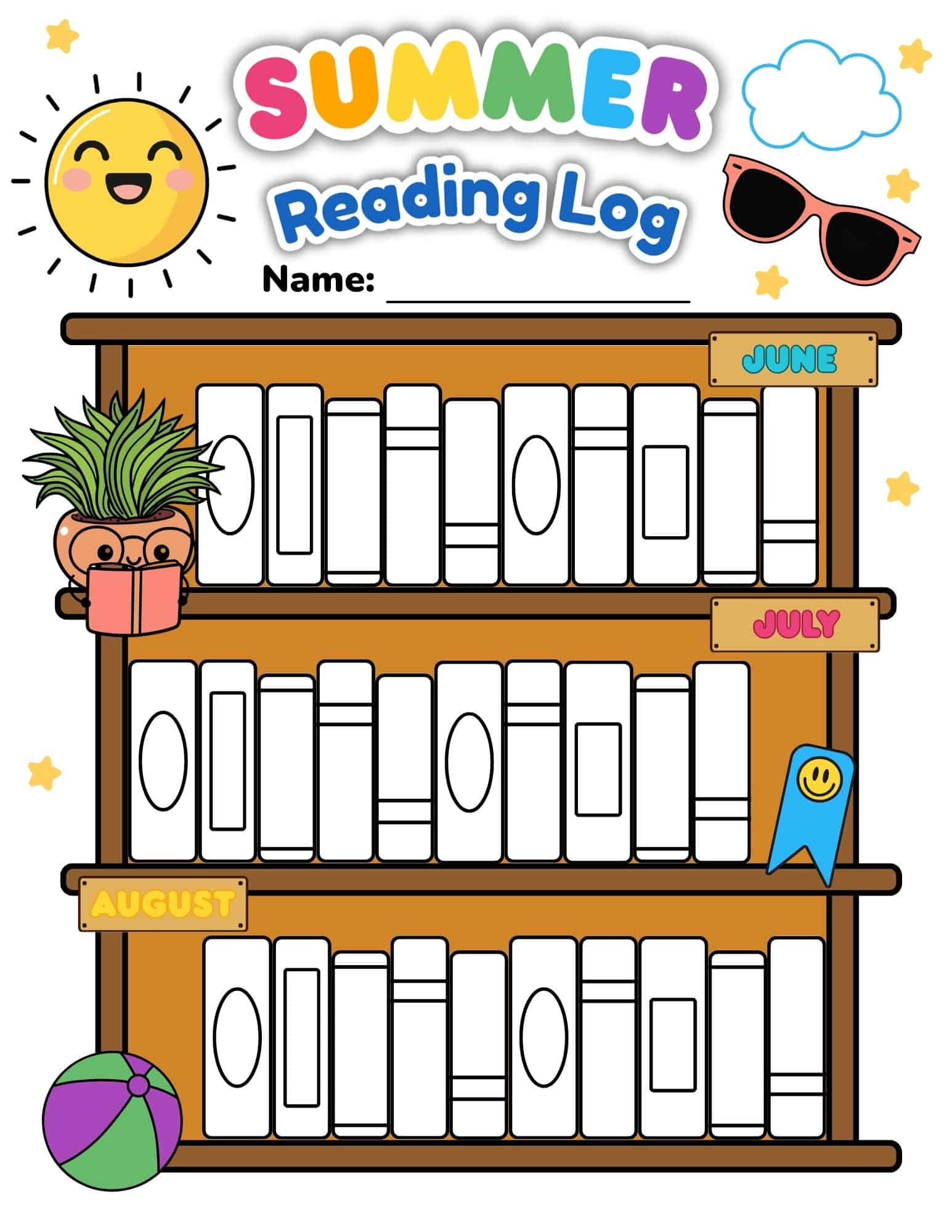 Colorful summer reading log with three wooden bookshelf rows filled with outlined books, sun and sunglasses accents.