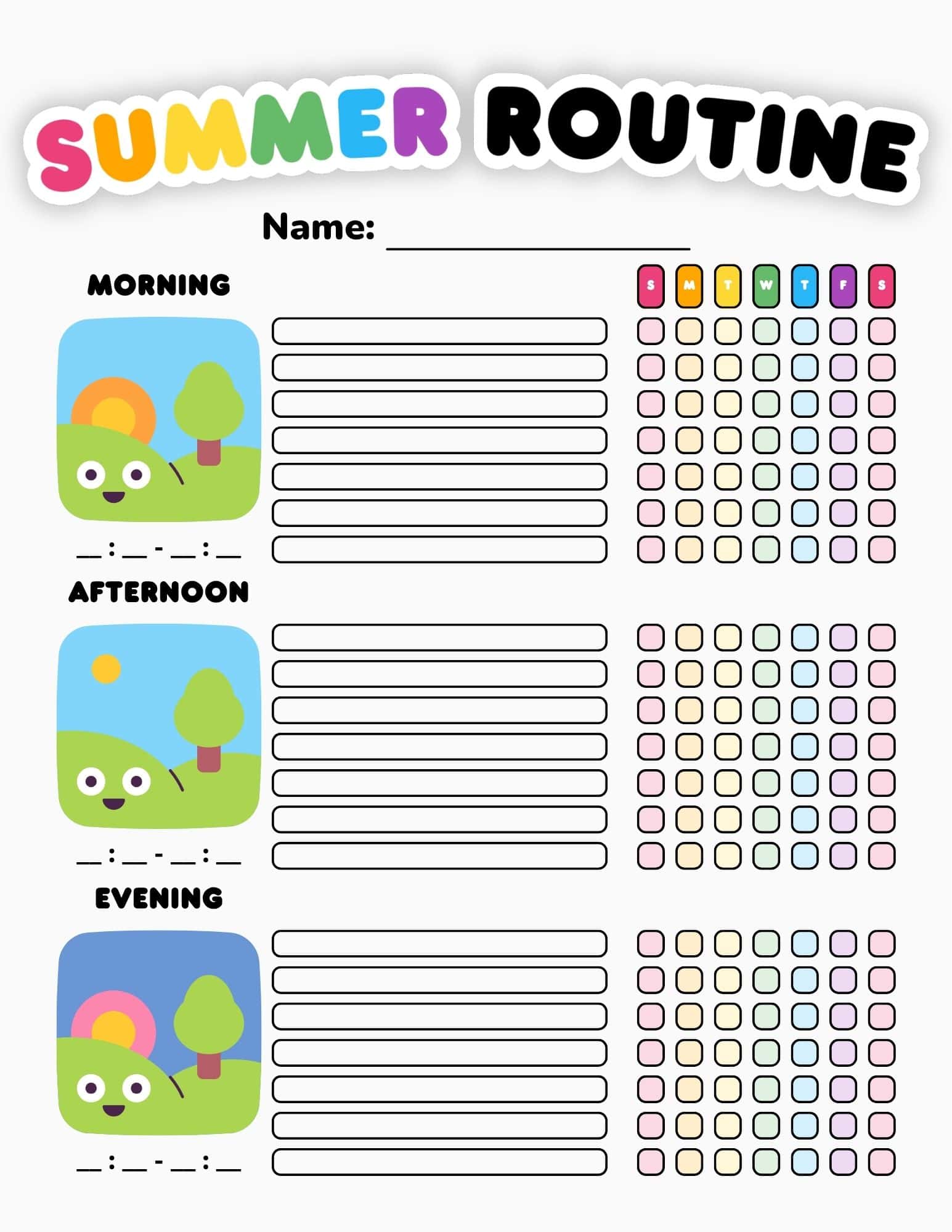 Colorful summer routine chart with sections for Morning, Afternoon, Evening, lines for tasks and weekly colored checkbox grid.