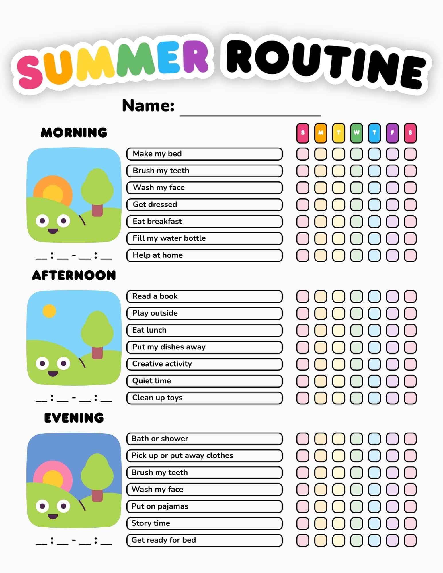 Colorful summer routine chart with morning, afternoon, and evening sections, task lists, and weekday checkboxes.