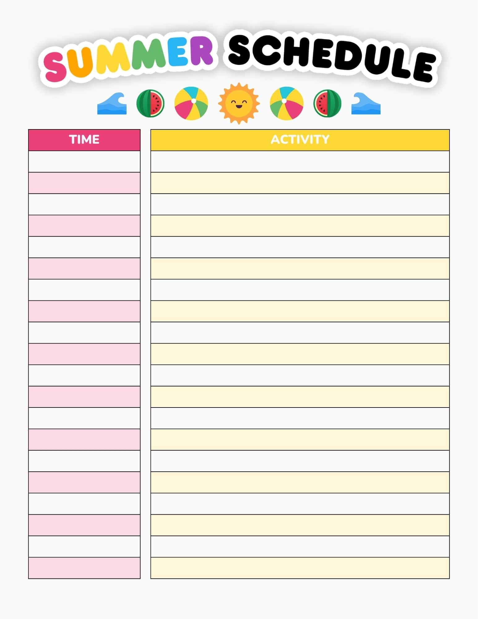 Bright summer schedule template with two columns labeled Time and Activity, colorful headers and striped rows.