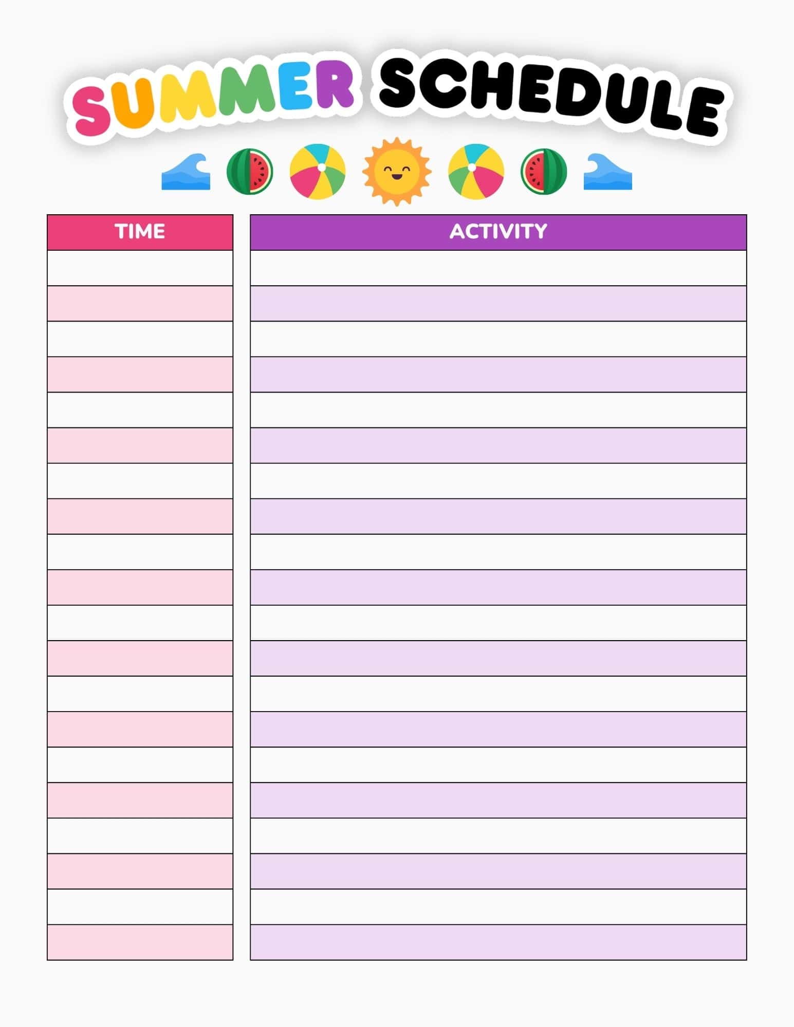A colorful summer schedule template with two columns labeled TIME and ACTIVITY, rows alternating pink and purple.