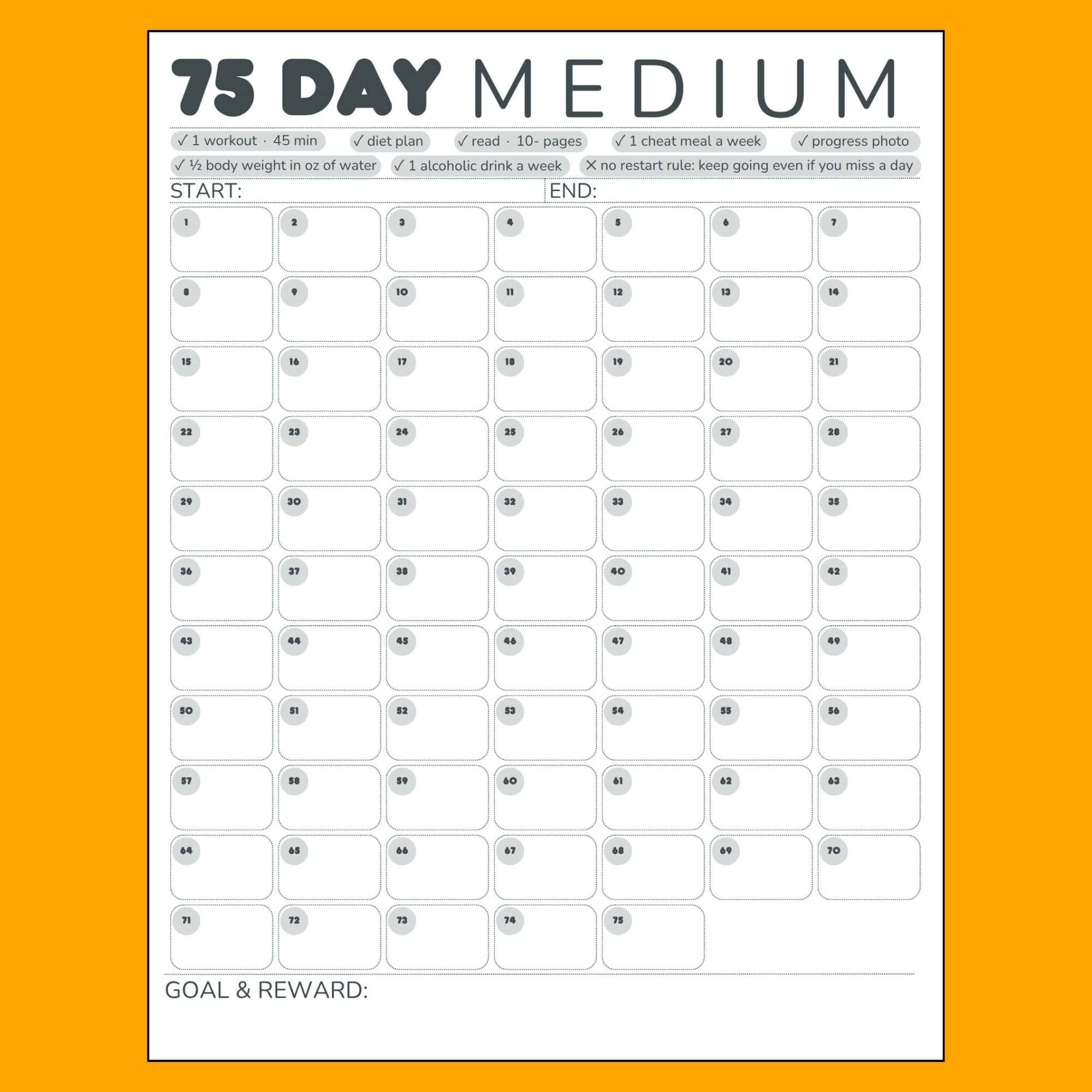 A vertical 75-day challenge calendar with numbered rounded boxes arranged in rows on a white sheet against an orange background.