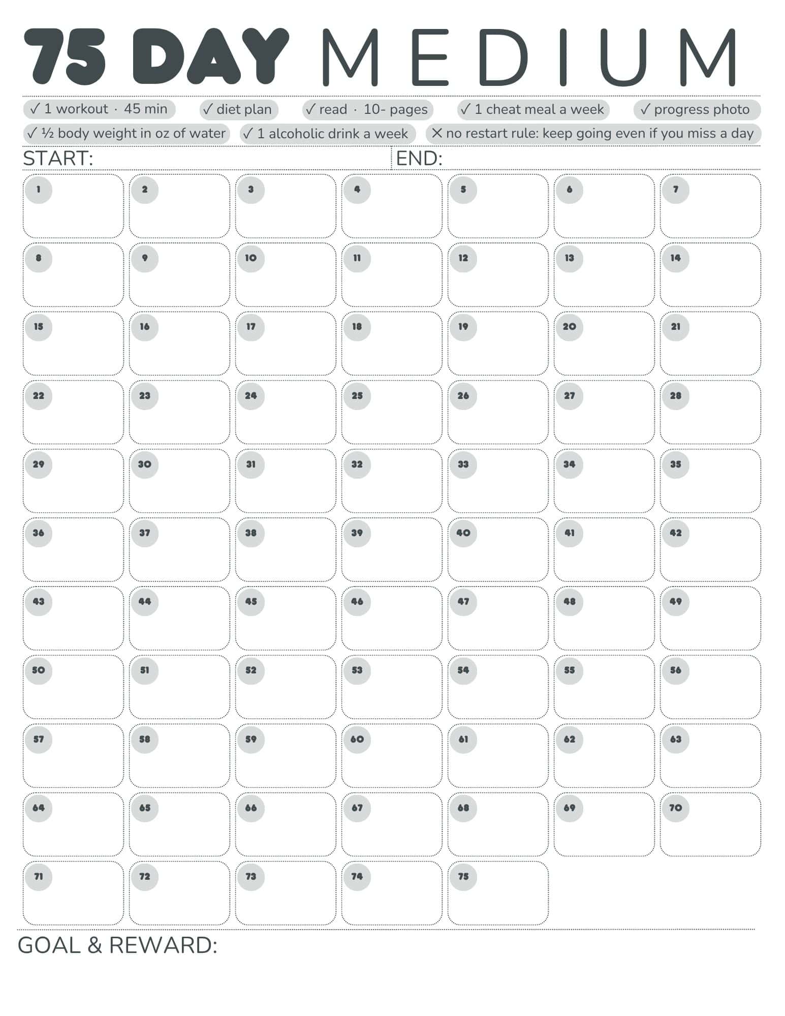 Minimalist 75-day tracker with numbered rounded boxes in a 5-column grid, header with habits and a start/end section.