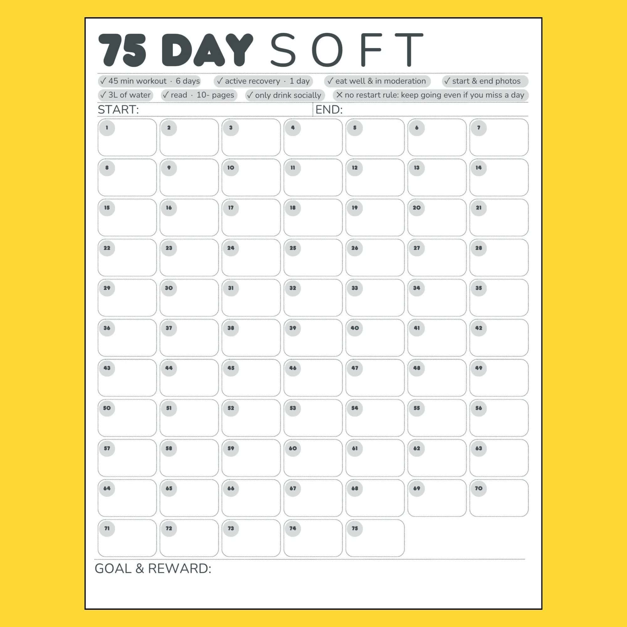 A vertical 75-day challenge chart with numbered rounded boxes in a 5x15 grid, header checklist, start/end fields, and goal/reward area.