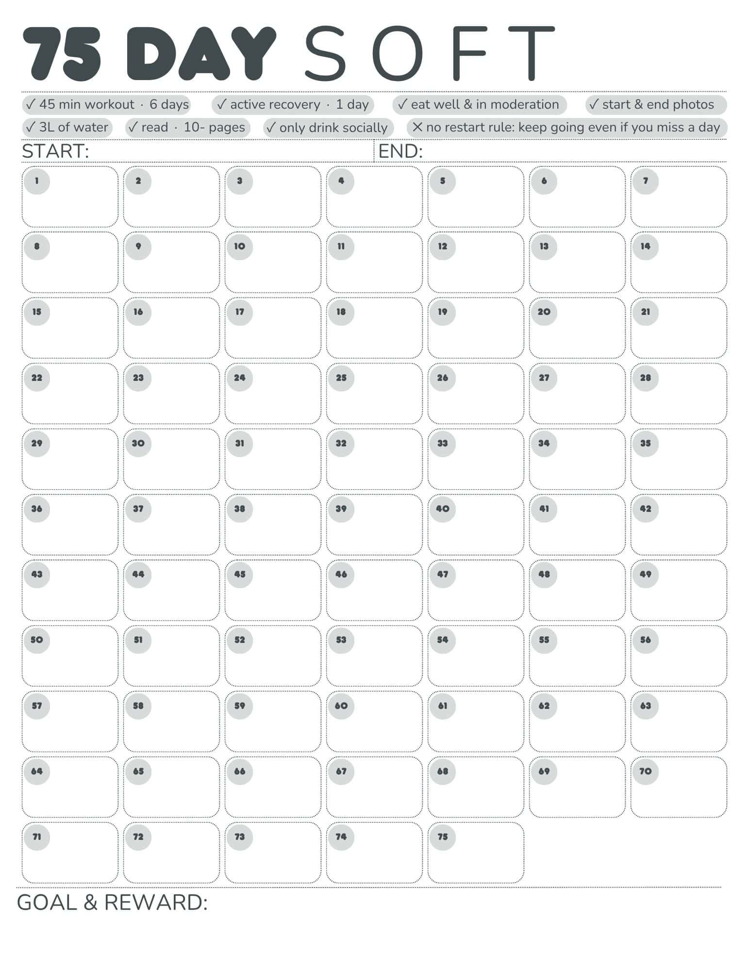 Grid-style 75-day habit tracker with numbered rounded boxes, header checklists, and space for start/end photos and goal.