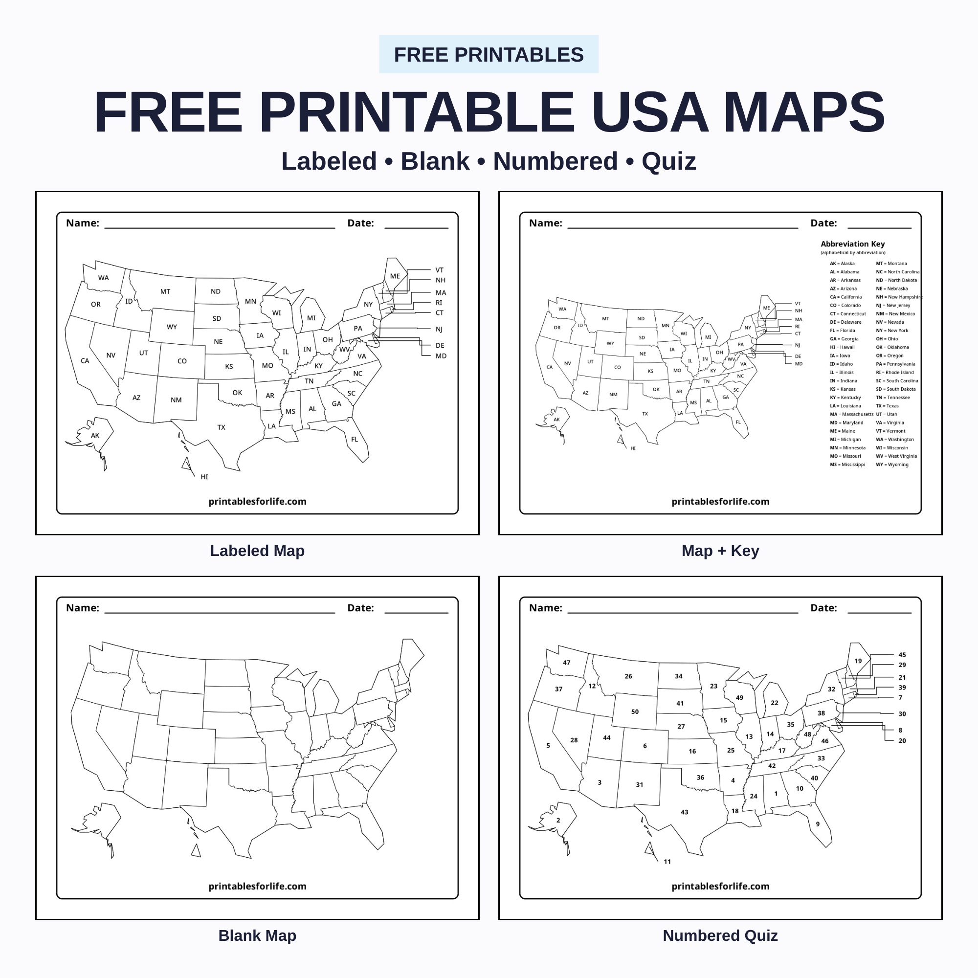 Two-column page titled FREE PRINTABLE USA MAPS showing four US map worksheets: labeled, map+key, blank, and numbered quiz.