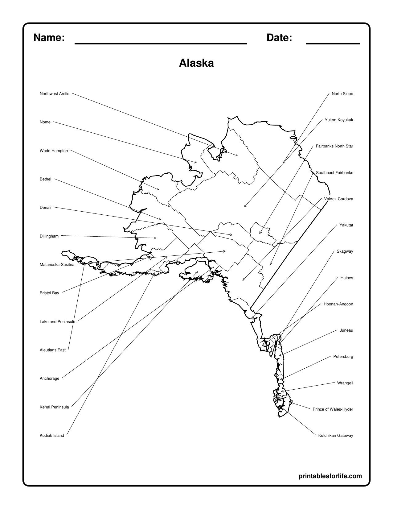 Black-and-white worksheet showing a labeled outline map of Alaska with arrows pointing from borough and census area names around the page to locations on the map.