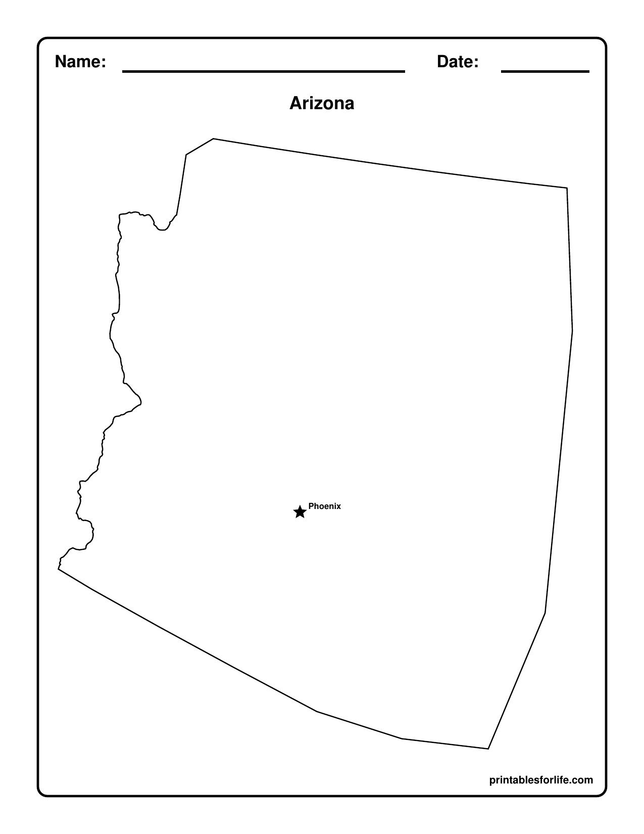 Black-and-white outline map of Arizona with a star marking Phoenix centered on a worksheet featuring name and date lines at top.