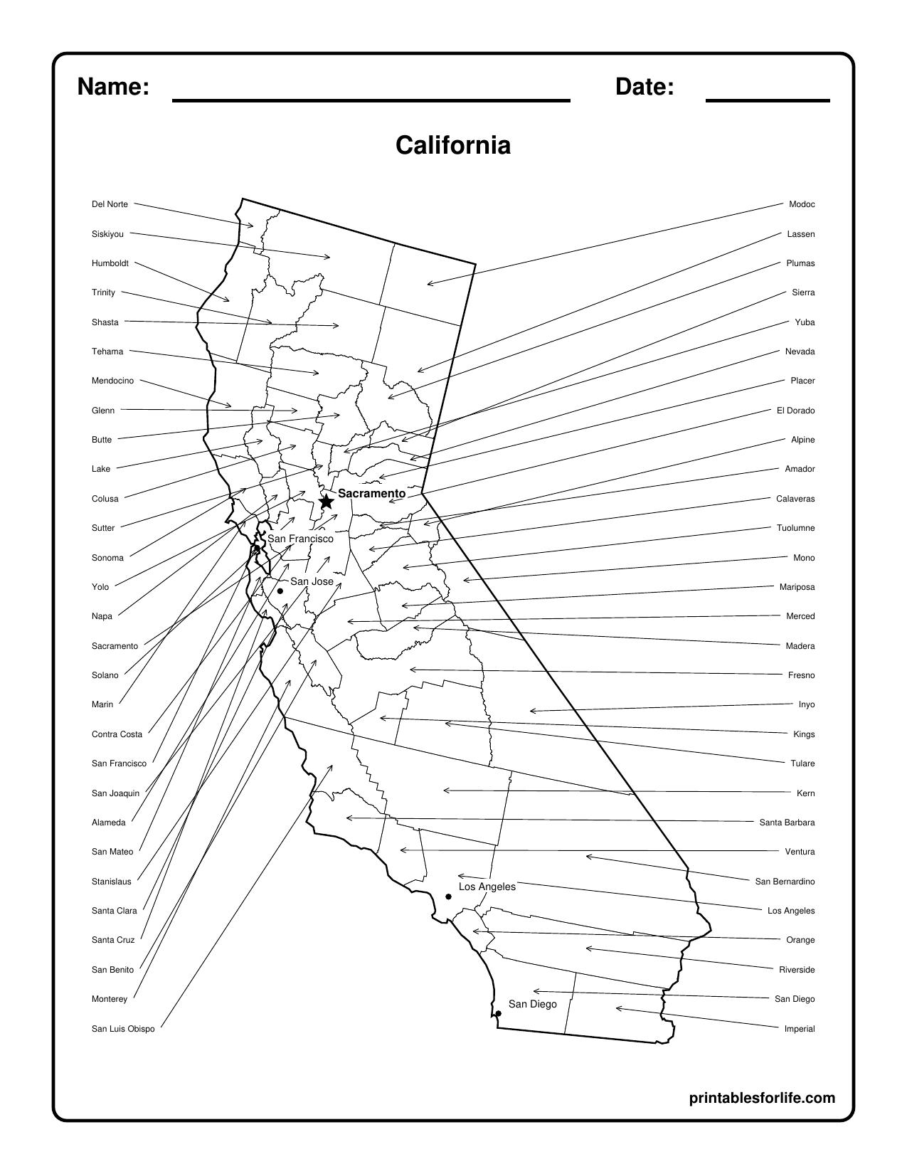 Black-and-white labeled outline map of California with county boundaries, lines pointing to county names and major cities marked.