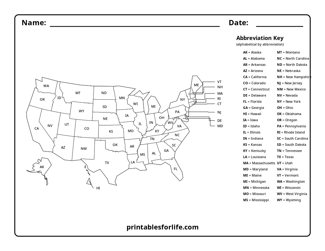 Black-and-white US map worksheet with each state labeled by postal abbreviation and space for name and date at top.