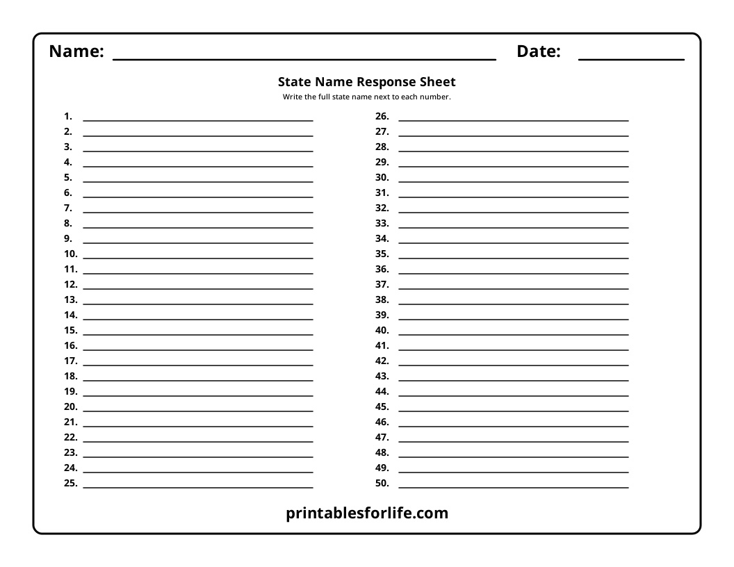 Blank two-column state name response sheet with numbered lines 1–50, header for name and date, and bold title at center top.