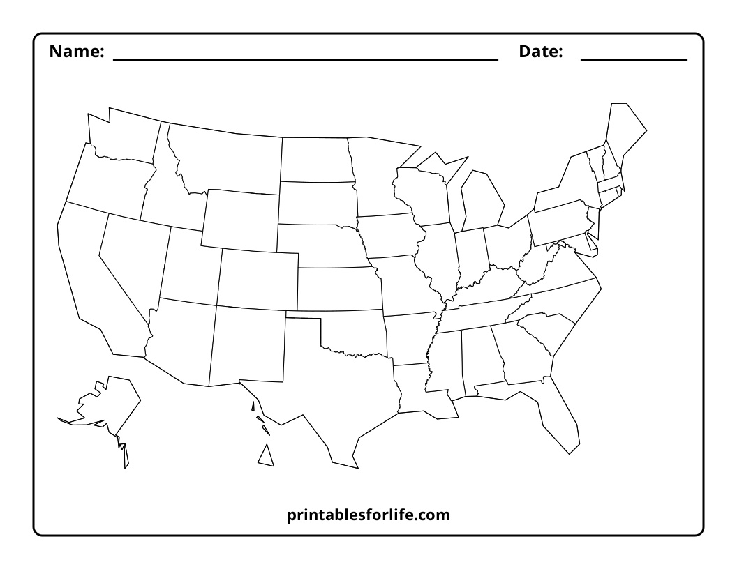 Black-and-white blank U.S. map with state borders inside a bordered worksheet labeled Name and Date at top.