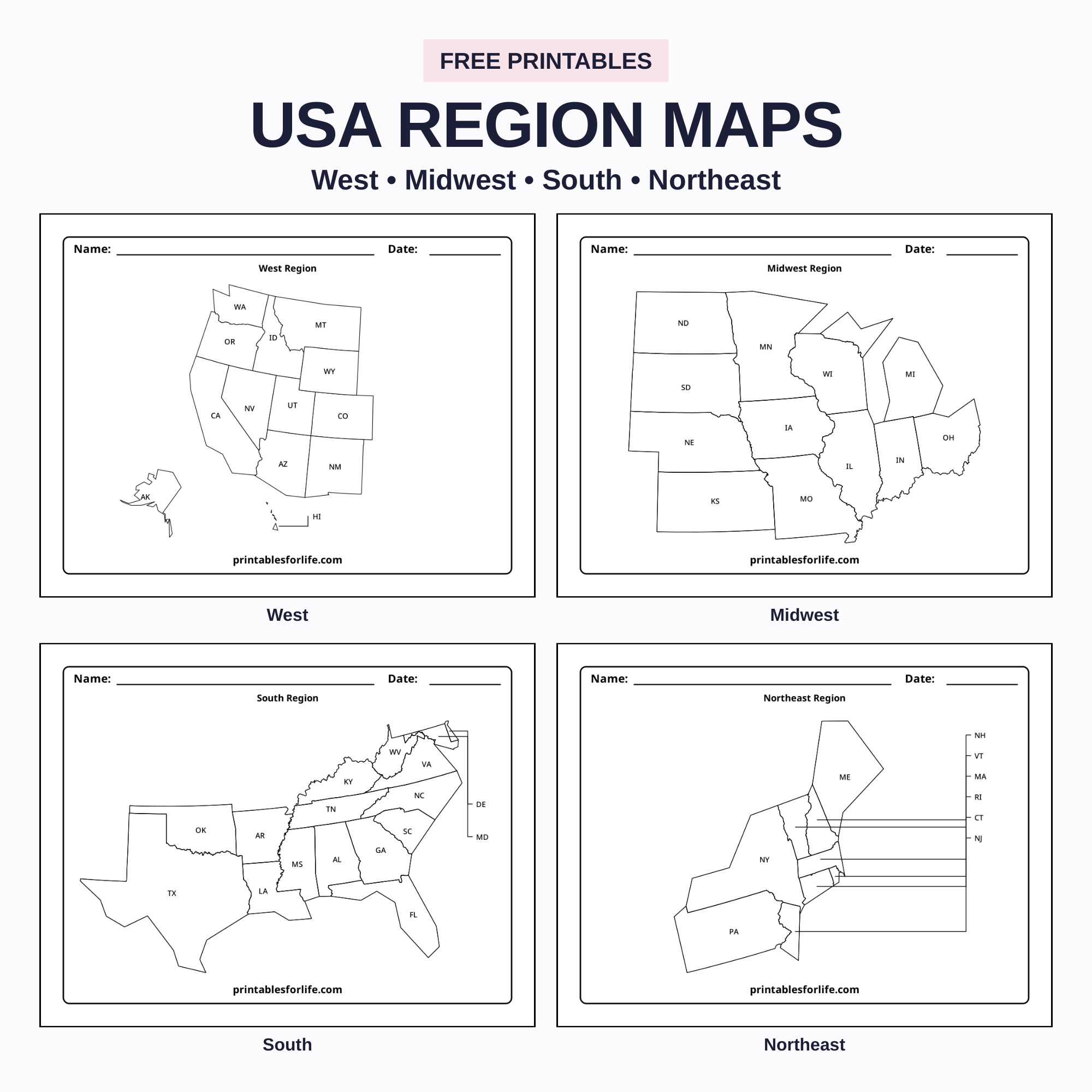 Four printable black-and-white US regional maps (West, Midwest, South, Northeast) arranged in a two-by-two grid with headers.