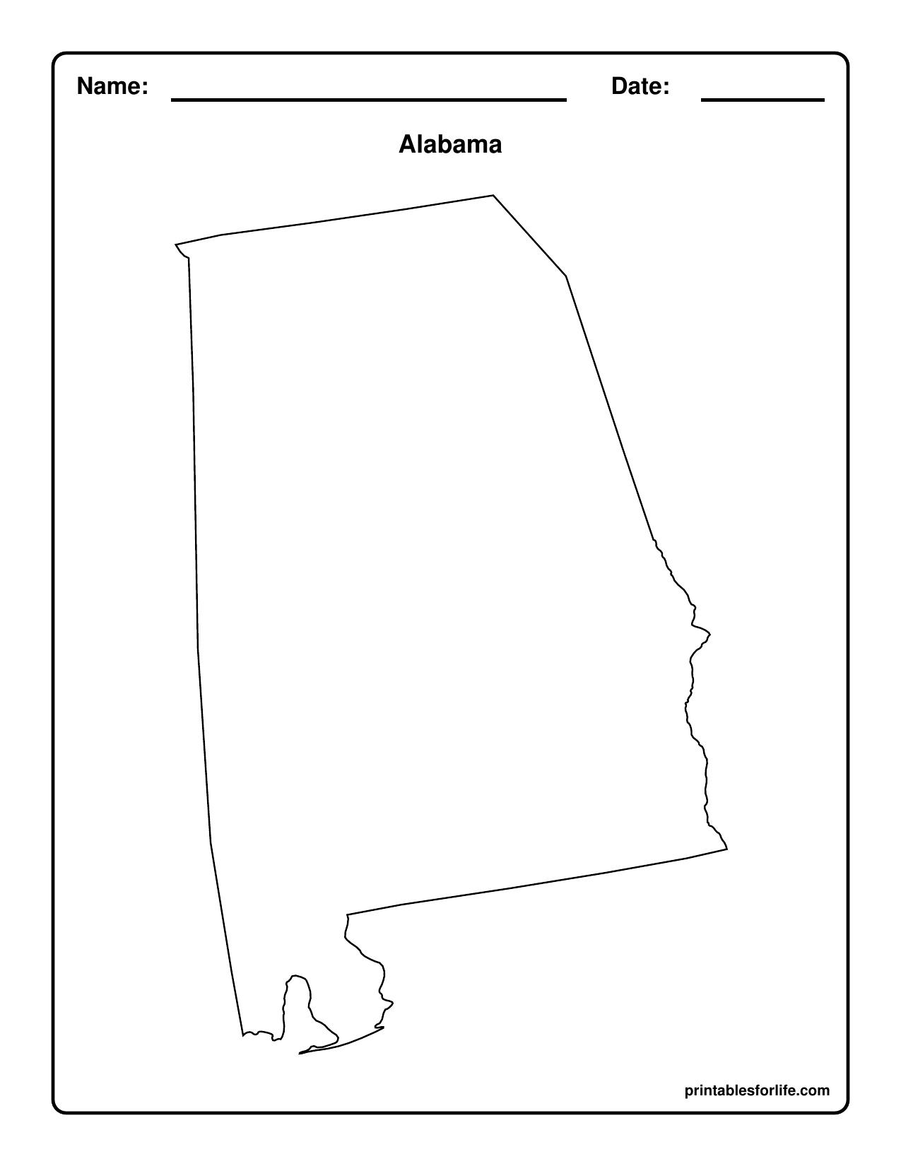 Black outline map of Alabama centered on a white worksheet with header fields for Name and Date and the title 'Alabama'.