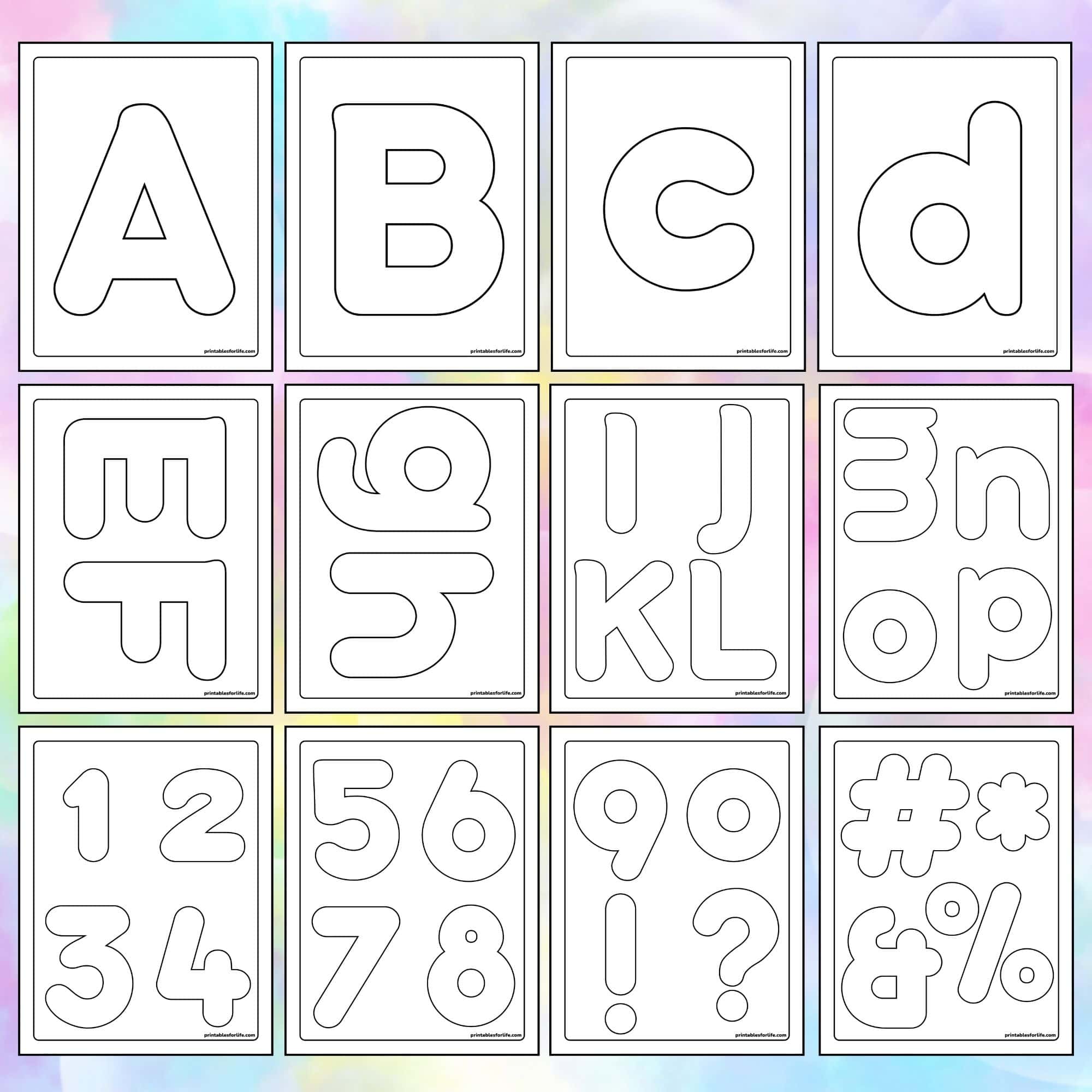 Grid of black outlined uppercase/lowercase alphabet letters, numbers and symbols on white cards with pastel gradient borders.