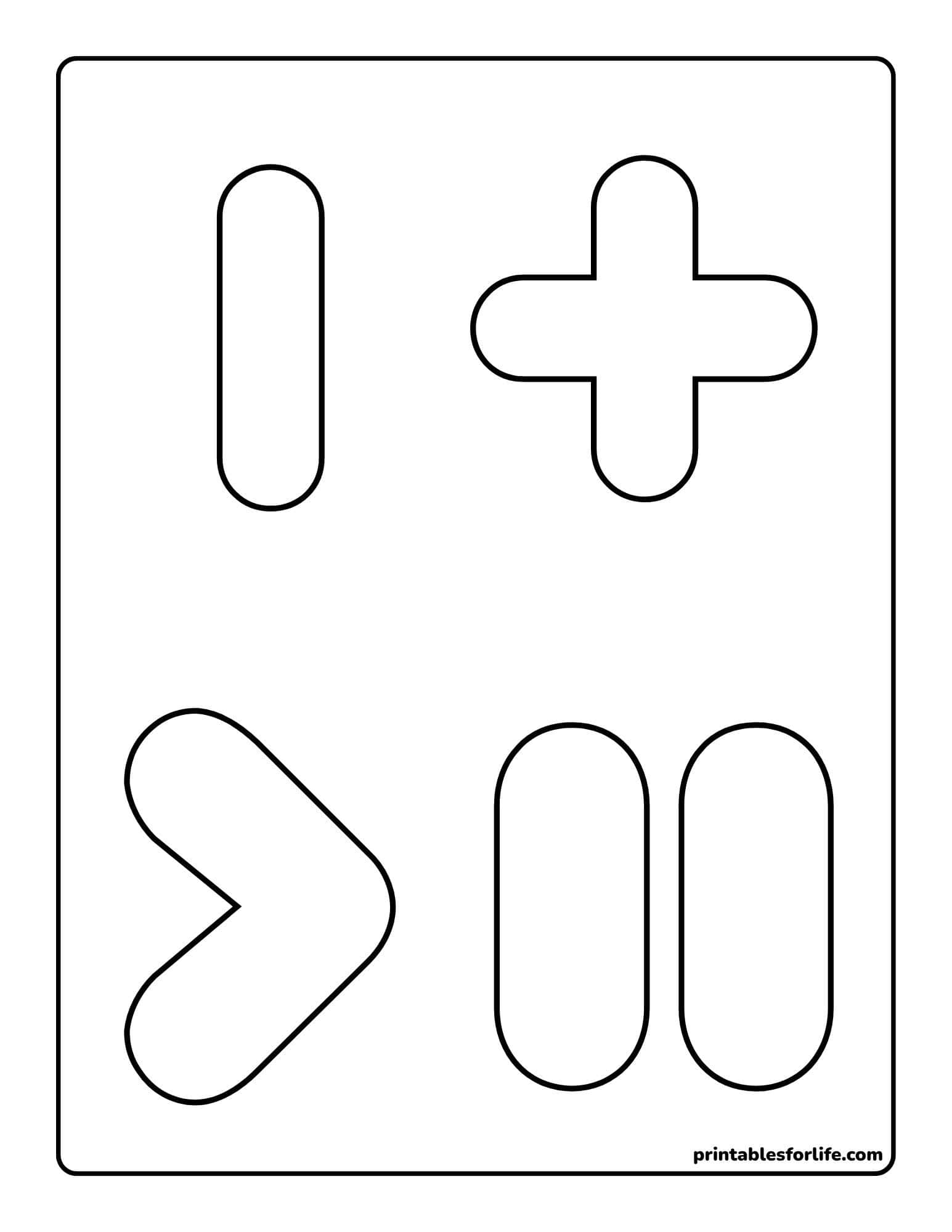 Black outlined rounded shapes (vertical pill, plus sign, chevron, two vertical pills) arranged on a white rectangular page.