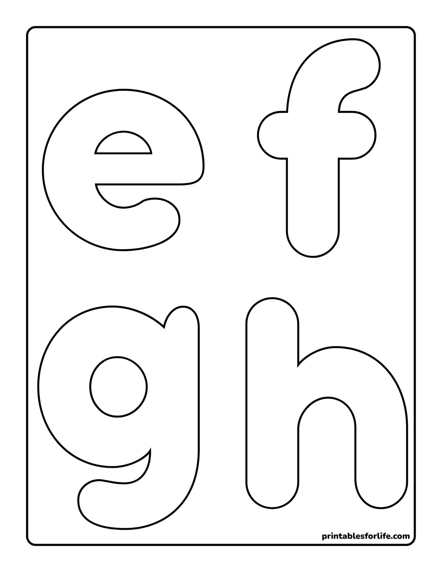 Large black-outline lowercase letters 'e', 'f', 'g', and 'h' arranged in two columns on a white sheet for coloring or tracing.