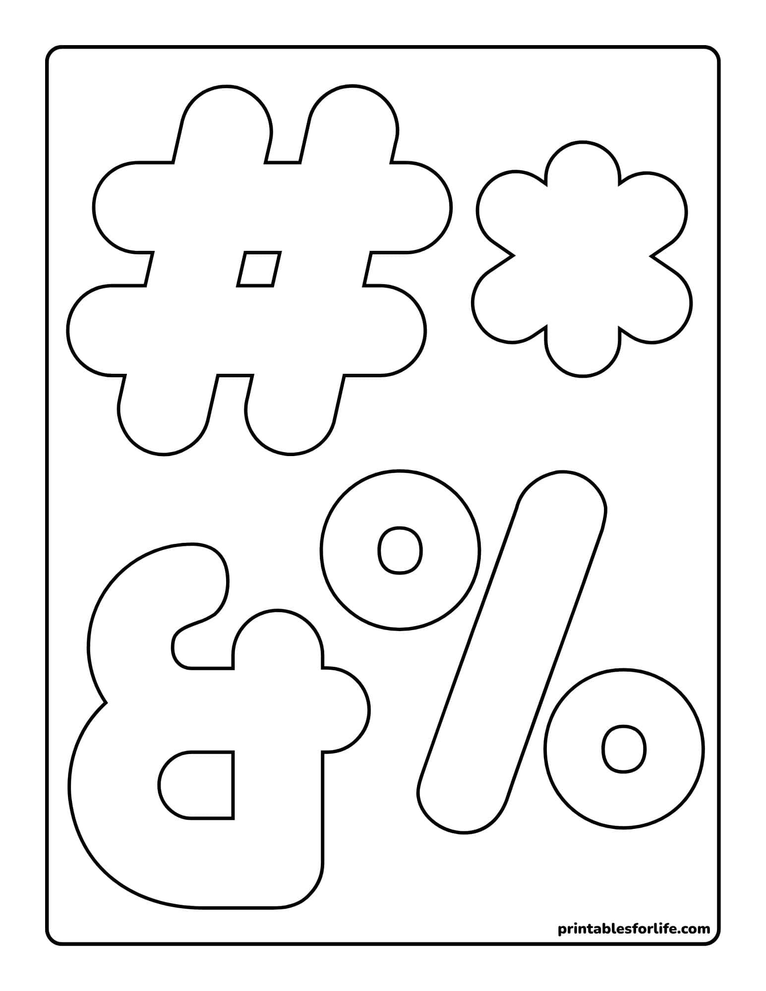 Black outlined large symbols including hashtag, flower, ampersand, percent sign and rounded shapes on a white background.