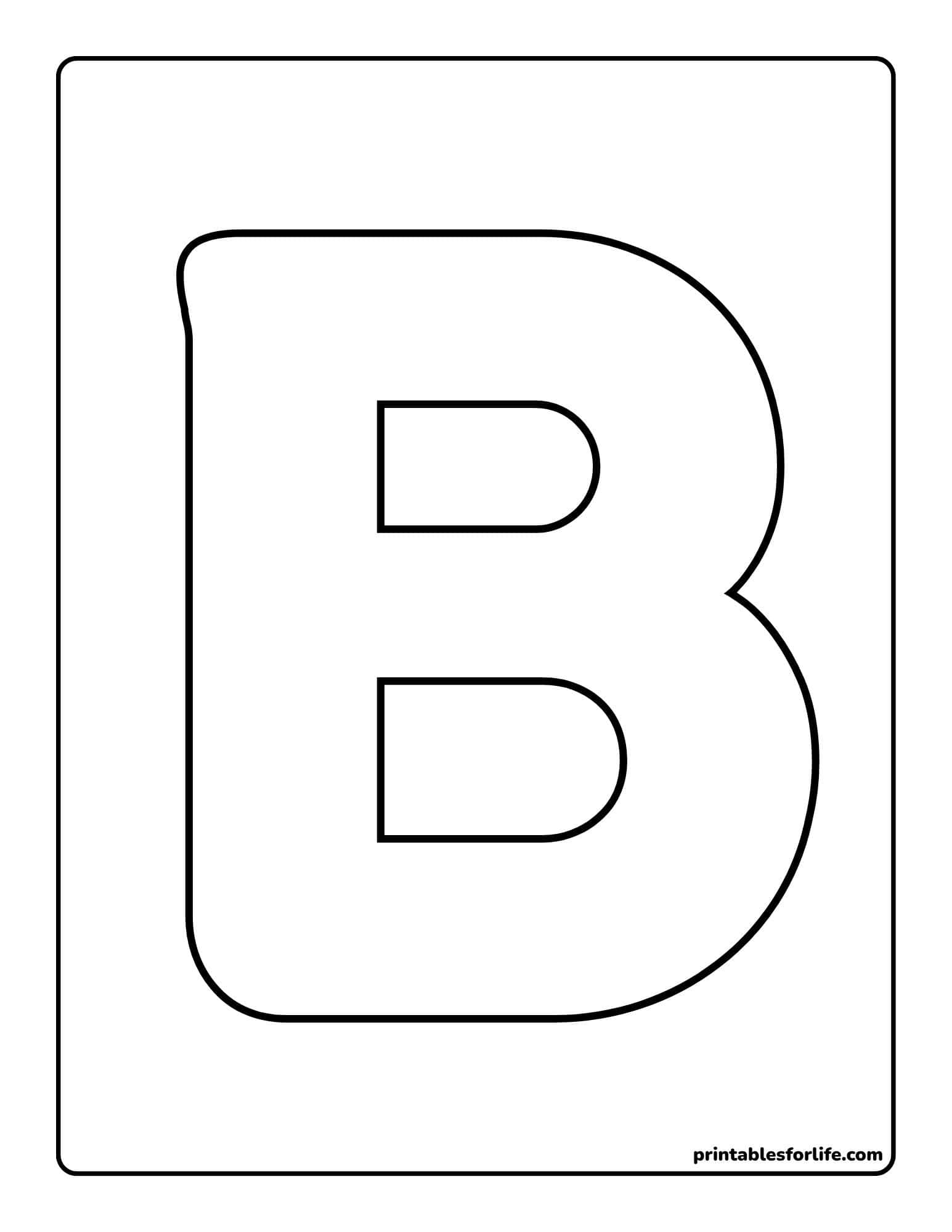 Large outlined uppercase letter B centered on a portrait page with rounded border and inner cutouts for coloring.